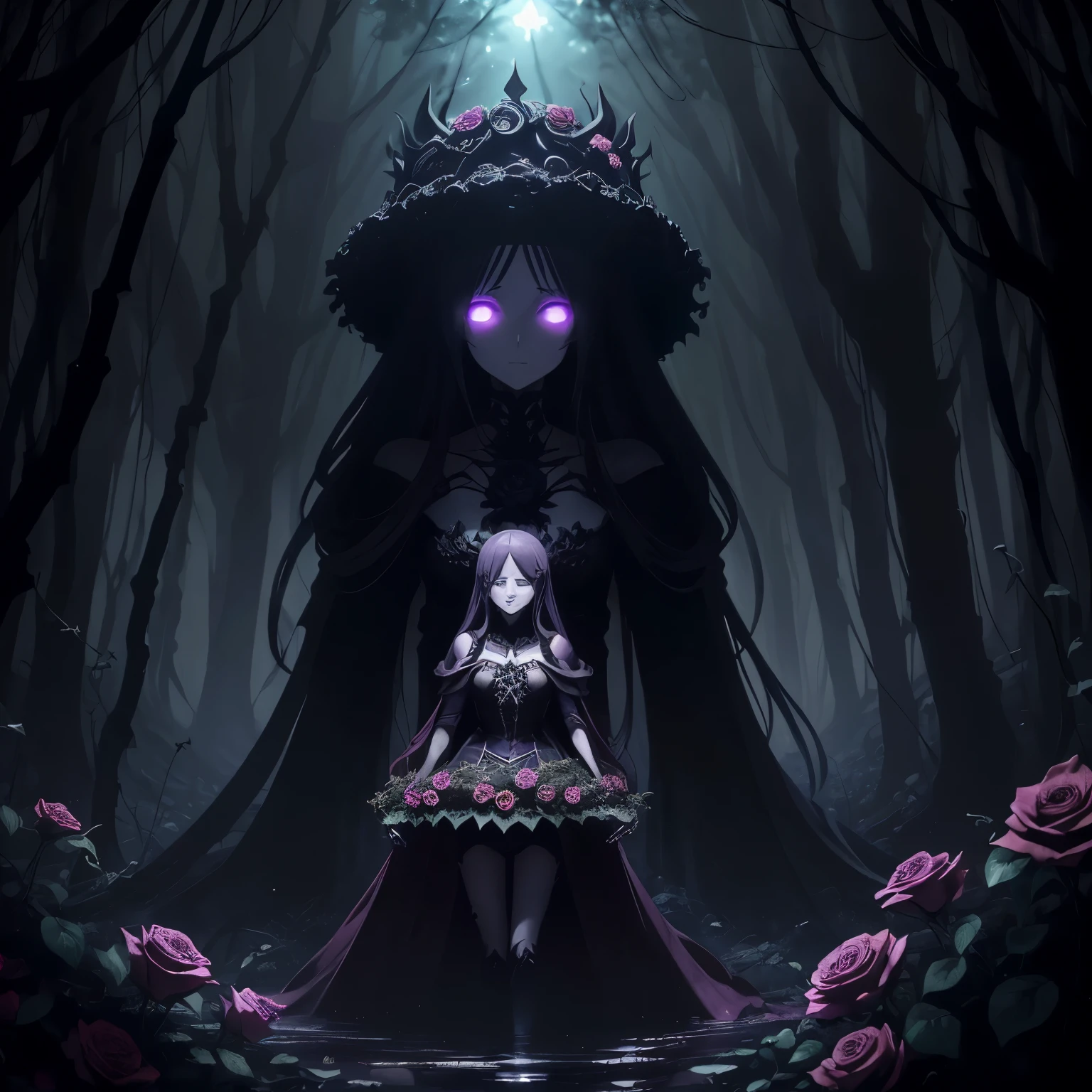 Personagem Lyza (anime Madeira in Abyss), sorrindo (evil smile)(aura maligna)(holding a corpse), black roses sprouting from the ground, the setting is a deep abyss where little light is found,(dark)(sinistro)(Spirits), souls of extinct beings roam the place,(skeletal animals)
