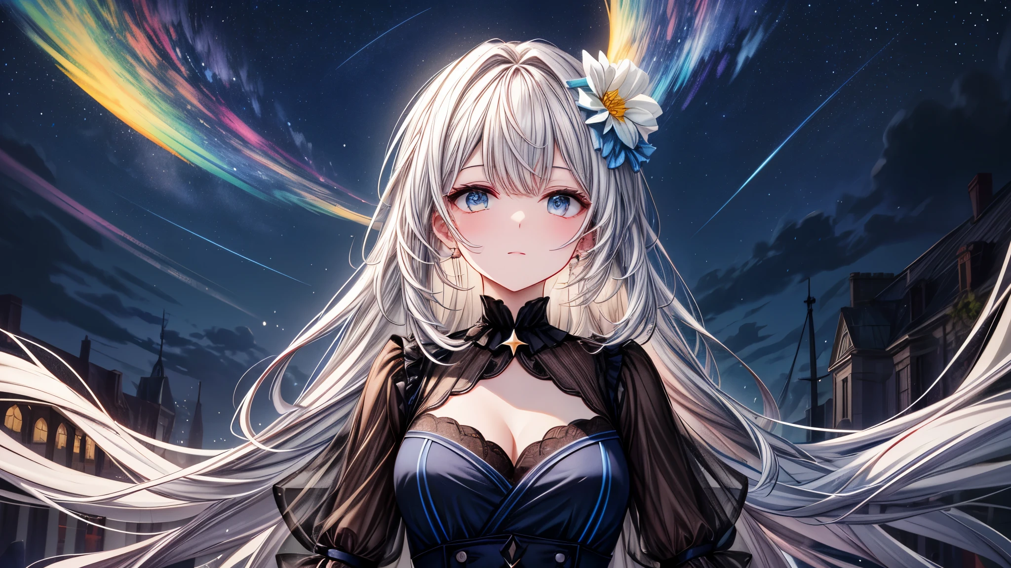 Star Margins：Ella es una mujer con la belleza de las estrellas.，sus ojos brillaron，Como estrellas en el cielo estrellado。Su cabello es suave y brillante.，es como un cielo estrellado。Su piel era tan clara como la luz de la luna.，There is a mysterious and charming atmosphere.。En la pintura con IA，Through delicate lines and bright colors，Make Your Beauty More Vivid.，hacer que la gente se sienta como si estuviera en el cielo estrellado。
