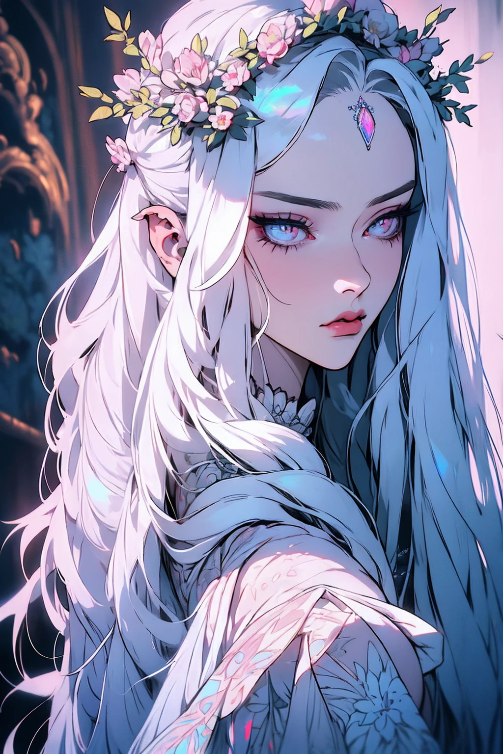 hyper-realistic  of a mysterious woman with flowing silver hair, piercing opal eyes, and a delicate floral crown, backwards, looking back, upper body