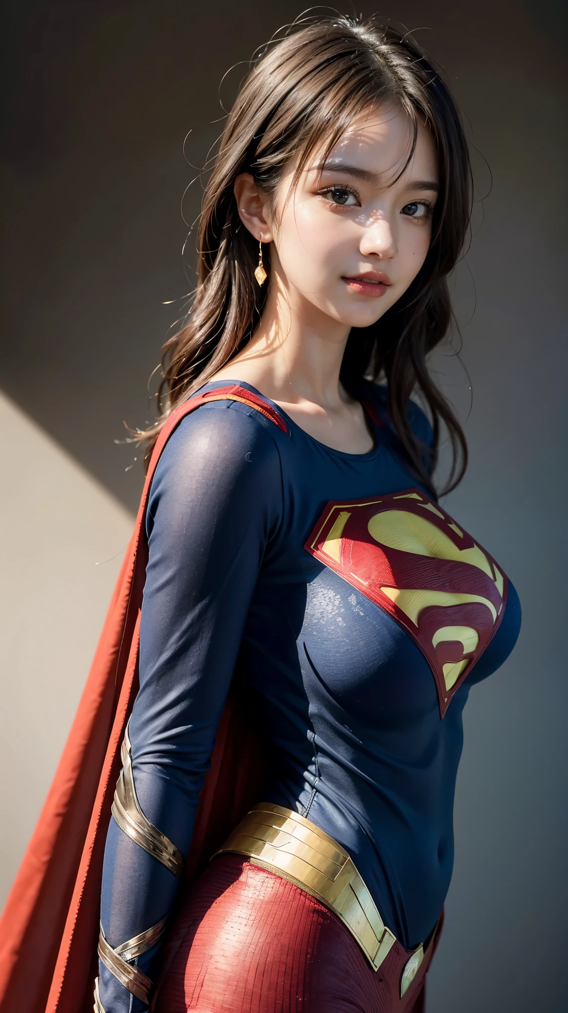 1 Girl, Very bright backlight, Solo, {beautiful-detailed eyes}, large full breasts, dark room, calm expression, Natural light and soft light, Hair fluttering in the breeze, delicate facial features, Blunt bangs, beautiful Korean girl, Eye Smile, Very small earrings,long cloak,(Wearing superman suit :1.3) ,23 years old, film grain, Real hands,shy smile,sexy poses,ultra detail,detail, more detail