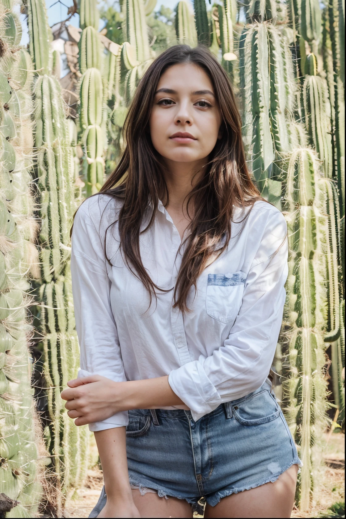 one beautiful woman, oval face, senseful lips, closed mouth, big brown eyes, 30 years old, slim sporty body, middle size breast, in mexico, behind her many cactus plants, sunny, deep blue sky 3/4 body, slightly side view, wears jeans and rancho shirt, clothes are whole and consitant, no text, sunny weather, backgorund blurred, sefie shot, cinematic lighting, motion blur, film grain, very detailed, 30 years, natural wave hair, dark brown eyes, high-res, masterpiece, best quality, intricate details, highly detailed, sharp focus, detailed skin, realistic skin texture, texture, detailed eyes, professional, 4k, 85mm, shallow depth of field, kodak color vision, perfect fit body, extremely detailed, photo_\(ultra\), photorealistic, realistic, post-processing, maximum detail, roughness, real life, ultra realistic, photorealism, photography, 8k uhd, photography (grain of film) medium shot for closeup shot, longer slimer face, perfect face, no hands are visible, long beautiful hair, dark brown hair, perfect face, charming deep eyes, flirty eyes, long hair, round heaps, (dark brown hair):2.5