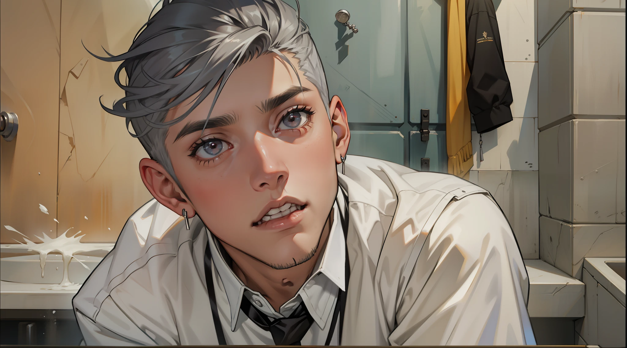 There are two boys, beautiful young man of 18 years old, silver hair and gray eyes.. hace diferentes expresiones, esta asombrado esta disgustado esta enojado y esta sientiendo miedo