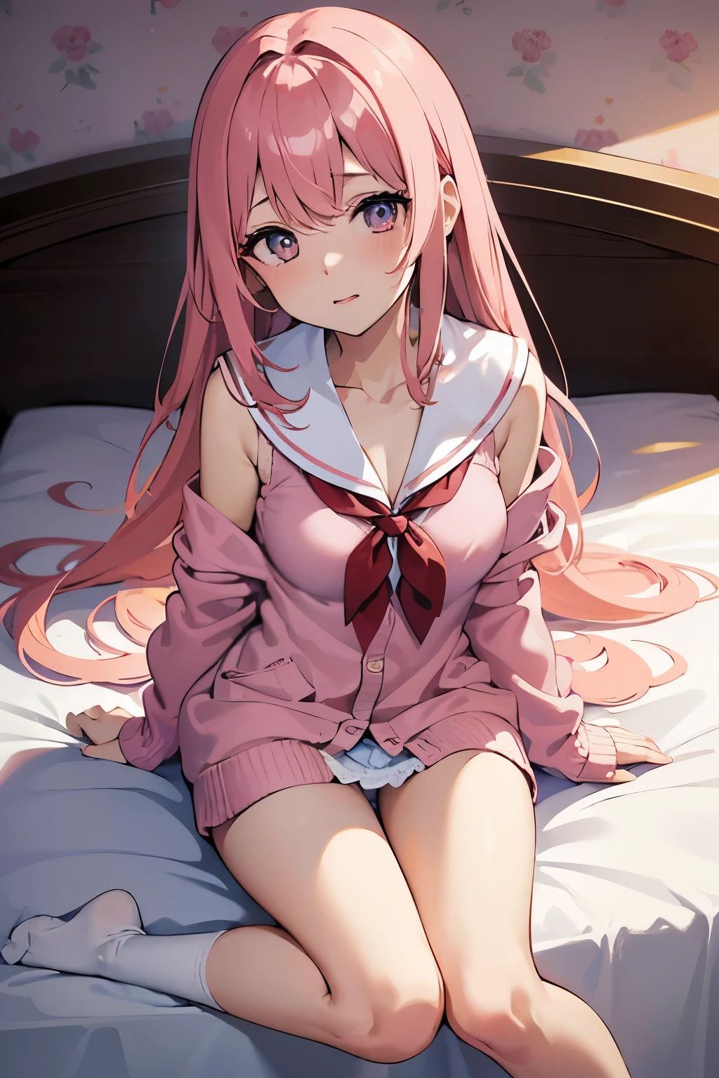 (masterpiece, 4k, raw photo: 1.2), illustration, drooling, pink hair, medium breasts , mature, long hair, soft lighting, bedroom background, sailor uniform, pink cardigan, sitting on bed, seductive eyes, white stockings, pantyshot, light pink panties, cardigan off shoulder, no shoes, close up, red highlights in hair, medium length hair. from above