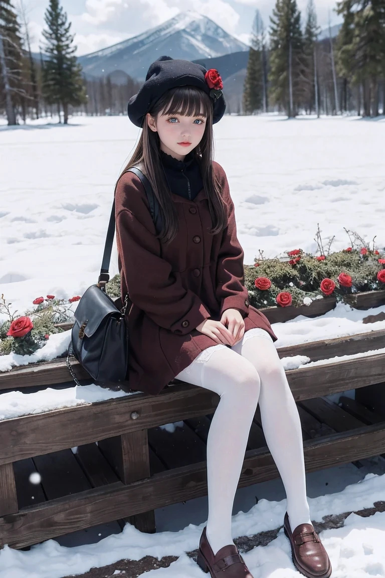 masterpiece,best quality,winter,snow field,(:3:1.5),
1girl,bangs,blue eyes,blunt bangs,bonnet,brown footwear,brown hair,red dress,frills,fruit,full body,hat,long hair,long sleeves,looking at viewer,pantyhose,red flower,red rose,rose,shoes,sitting,solo,
sky,sun,mountain,forest,lake,