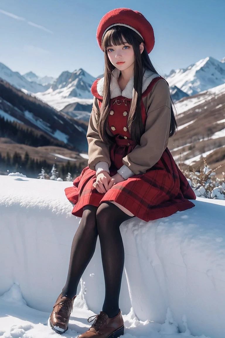masterpiece,best quality,winter,snow field,(:3:1.5),
1girl,bangs,blue eyes,blunt bangs,bonnet,brown footwear,brown hair,red dress,frills,fruit,full body,hat,long hair,long sleeves,looking at viewer,pantyhose,red flower,red rose,rose,shoes,sitting,solo,
sky,sun,mountain,forest,lake,