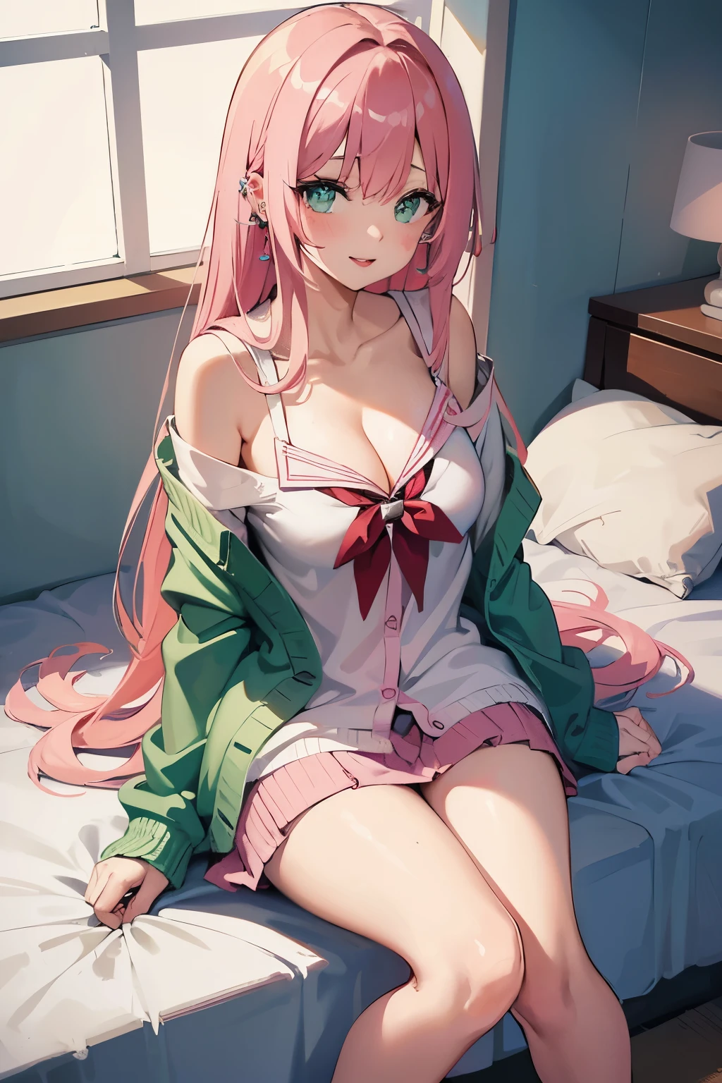 (masterpiece, 4k, raw photo: 1.2), illustration, drooling, pink hair, large breasts , mature, long hair, soft lighting, bedroom background, sailor uniform, green cardigan, sitting on bed, seductive eyes, white stockings, light pink panties, cardigan off shoulder, no shoes, close up, red highlights in hair, medium length hair. from above, cross legged, ear piercings, beauty mark, tongue out