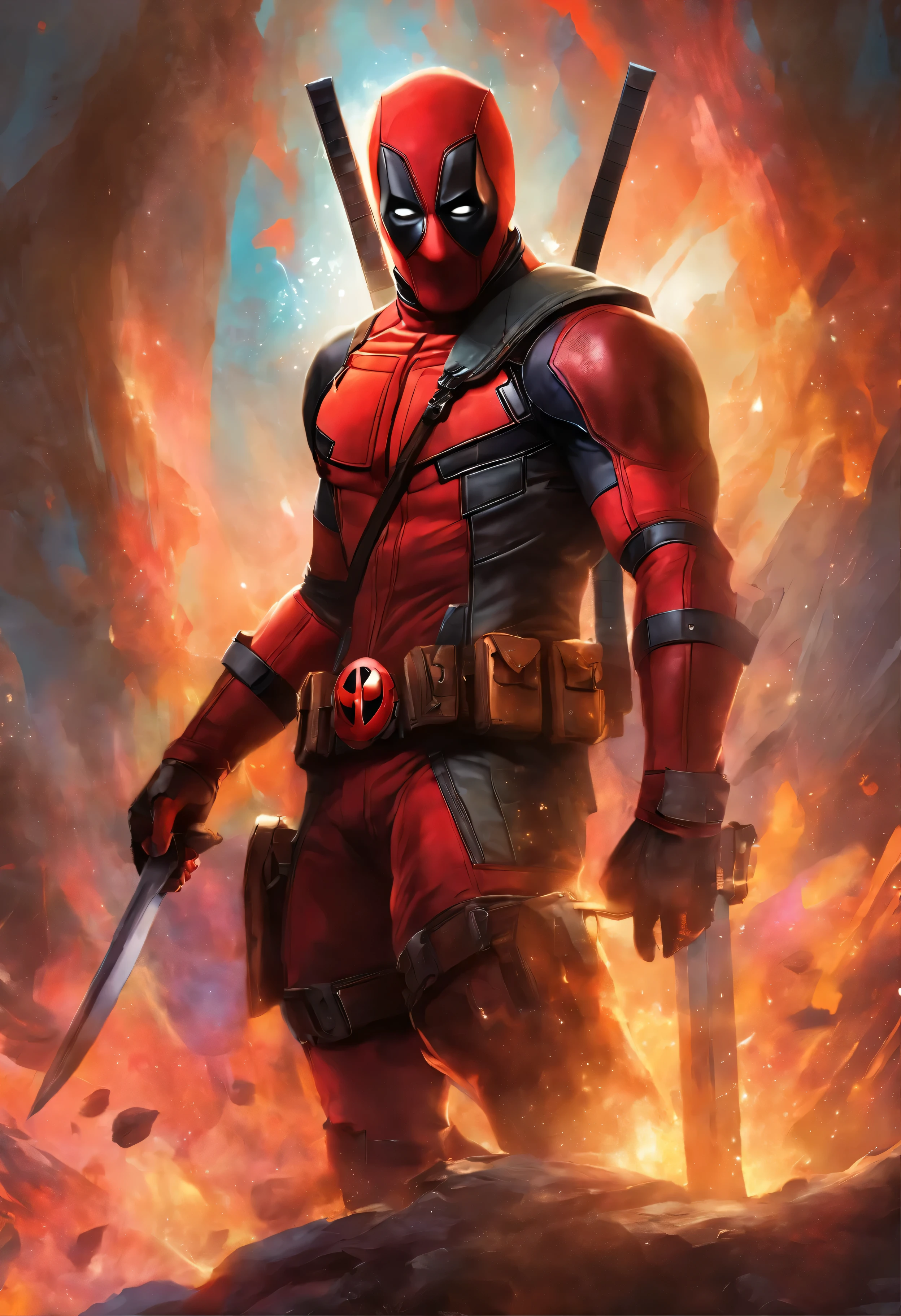 deadpool, heroic pose, dramatic lighting, standing over body of Magneto