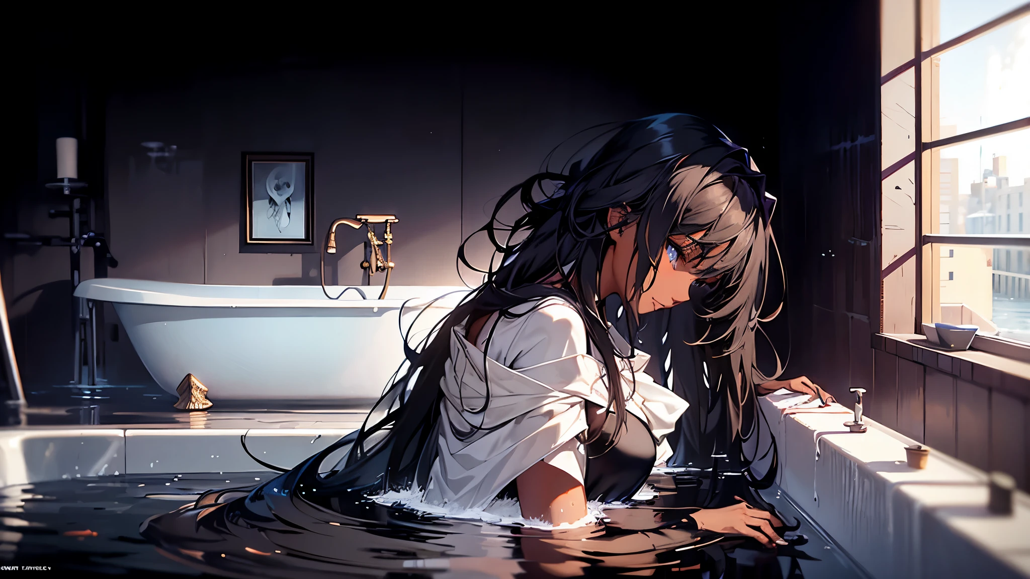 Black hair A simple girl Full length portrait Dark light Long hair and shoulders Holding a cape No bones Not glamorous Bathroom Soaking in the bathtub Attention Roses floating on the surface of the water Water overflows from the bathtub, Big butt, emphasis on the buttocks, orange dress, dark skin