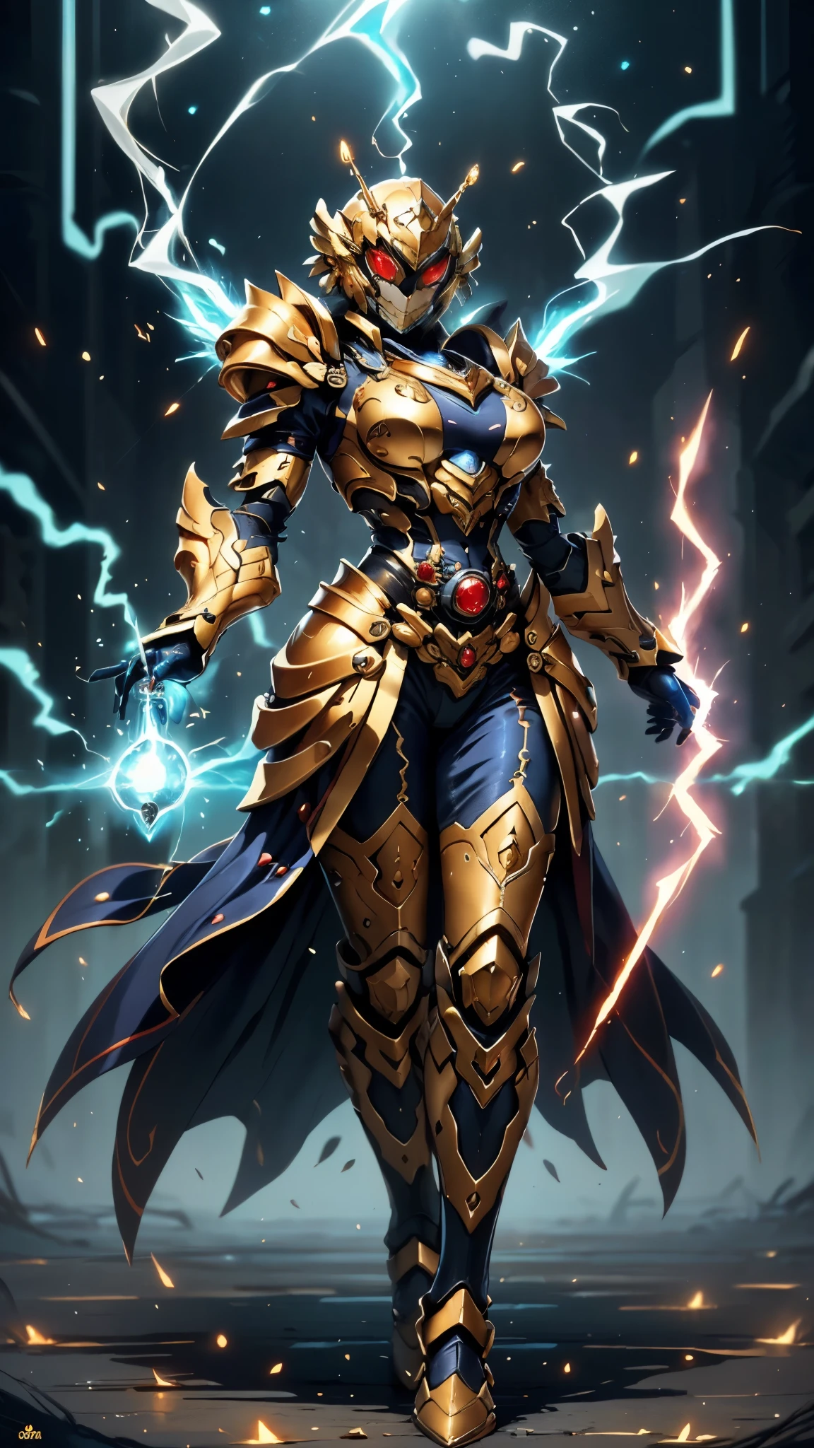 A woman adorned in fantasy-style full-body armor, a crown-concept fully enclosed helmet that unveils only her eyes, a composite layered chest plate, fully encompassing shoulder and hand guards, a lightweight waist armor, form-fitting shin guards, the overall design is heavy-duty yet flexible, ((the armor gleams with a golden glow, complemented by red and blue accents)), exhibiting a noble aura, she floats above a fantasy-surreal high-tech city, this character embodies a finely crafted fantasy-surreal style armored hero in anime style, exquisite and mature manga art style, (mixture of Queen bee and Spider concept Armor, plasma, blood), ((Element, energy, elegant, goddess, femminine:1.5)), metallic, high definition, best quality, highres, ultra-detailed, ultra-fine painting, extremely delicate, professional, anatomically correct, symmetrical face, extremely detailed eyes and face, high quality eyes, creativity, RAW photo, UHD, 32k, Natural light, cinematic lighting, masterpiece-anatomy-perfect, masterpiece:1.5