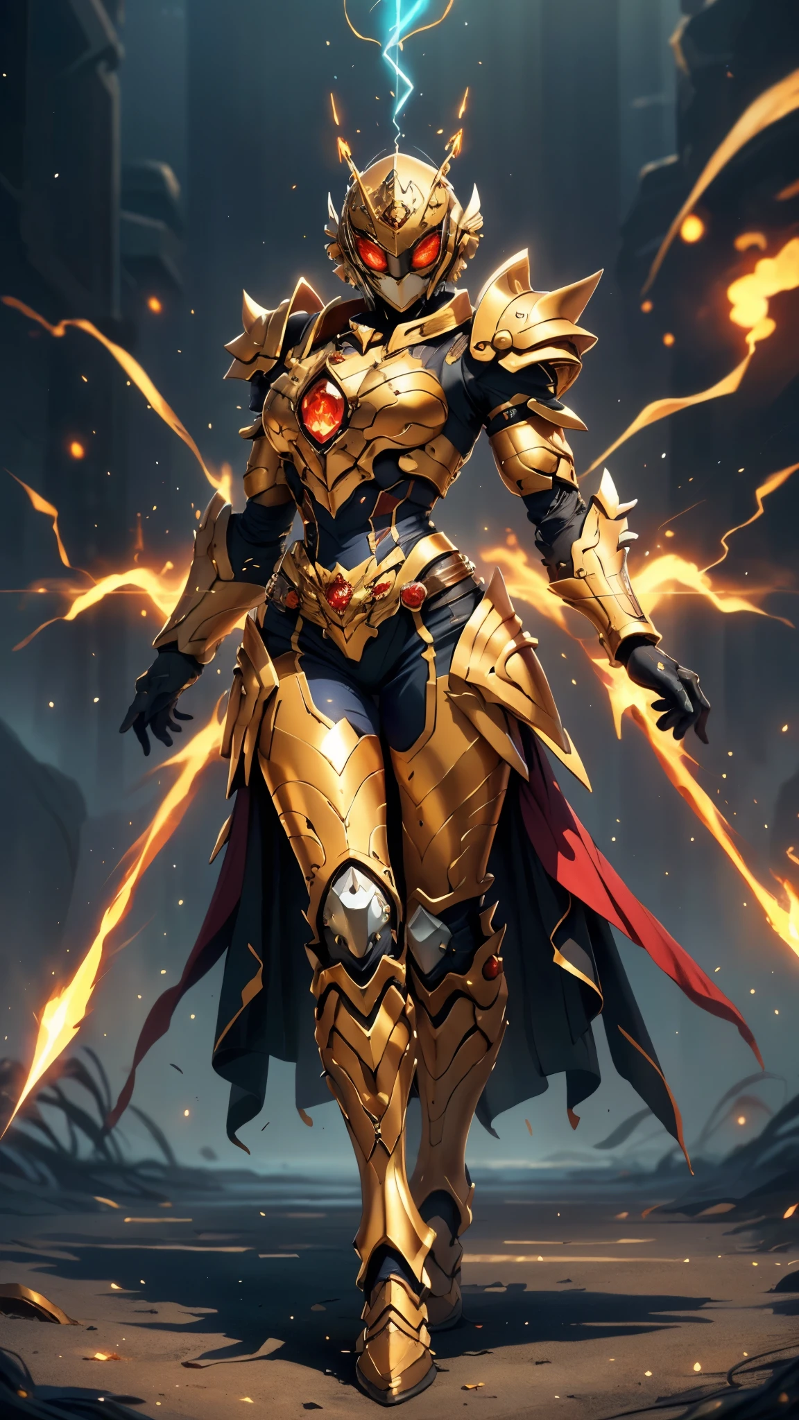 A woman adorned in fantasy-style full-body armor, a crown-concept fully enclosed helmet that unveils only her eyes, a composite layered chest plate, fully encompassing shoulder and hand guards, a lightweight waist armor, form-fitting shin guards, the overall design is heavy-duty yet flexible, ((the armor gleams with a golden glow, complemented by red and blue accents)), exhibiting a noble aura, she floats above a fantasy-surreal high-tech city, this character embodies a finely crafted fantasy-surreal style armored hero in anime style, exquisite and mature manga art style, (mixture of Queen bee and Spider concept Armor, plasma, blood), ((Element, energy, elegant, goddess, femminine:1.5)), metallic, high definition, best quality, highres, ultra-detailed, ultra-fine painting, extremely delicate, professional, anatomically correct, symmetrical face, extremely detailed eyes and face, high quality eyes, creativity, RAW photo, UHD, 32k, Natural light, cinematic lighting, masterpiece-anatomy-perfect, masterpiece:1.5