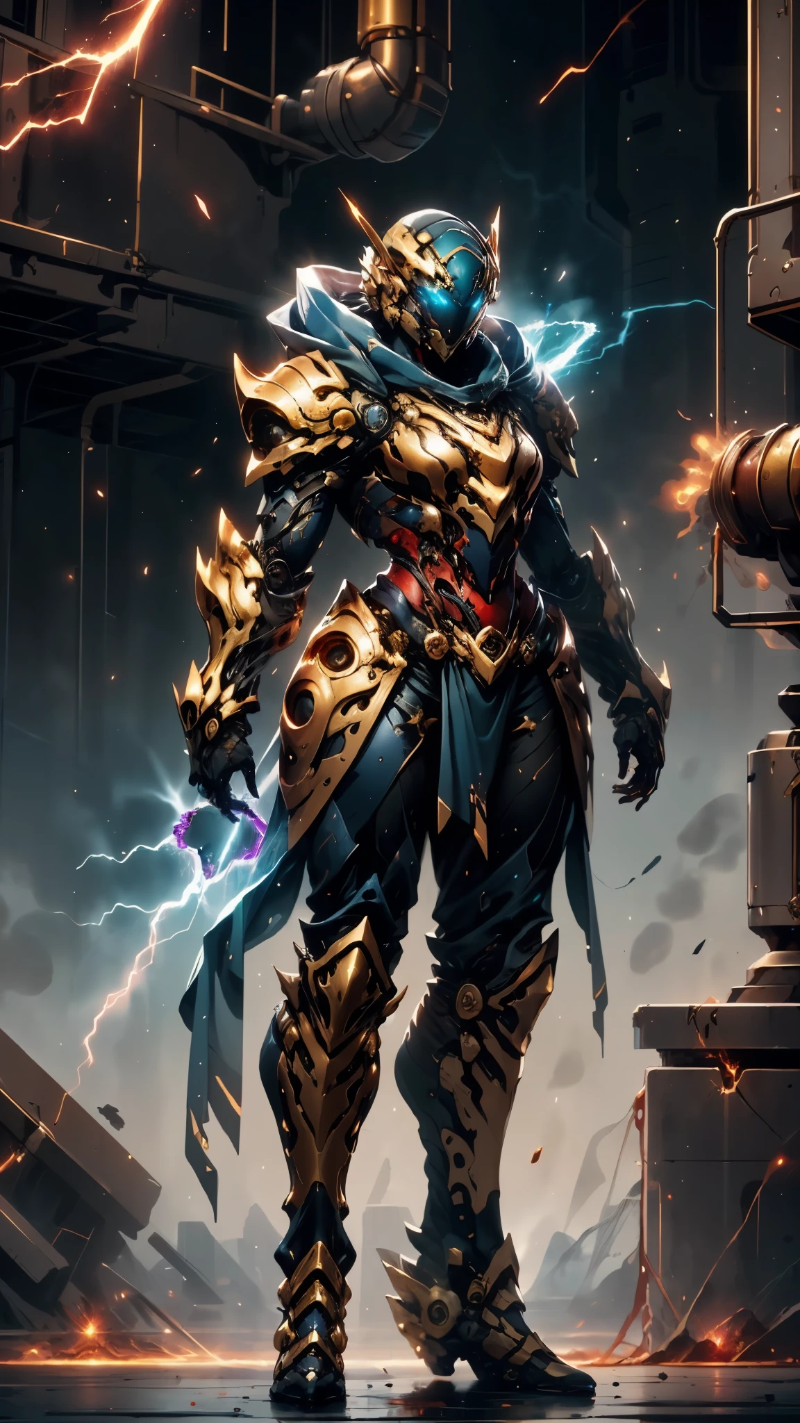 A woman adorned in fantasy-style full-body armor, a crown-concept fully enclosed helmet that unveils only her eyes, a composite layered chest plate, fully encompassing shoulder and hand guards, a lightweight waist armor, form-fitting shin guards, the overall design is heavy-duty yet flexible, ((the armor gleams with a golden glow, complemented by red and blue accents)), exhibiting a noble aura, she floats above a fantasy-surreal high-tech city, this character embodies a finely crafted fantasy-surreal style armored hero in anime style, exquisite and mature manga art style, (mixture of Queen bee and Spider concept Armor, plasma, blood), ((Element, energy, elegant, goddess, femminine:1.5)), metallic, high definition, best quality, highres, ultra-detailed, ultra-fine painting, extremely delicate, professional, anatomically correct, symmetrical face, extremely detailed eyes and face, high quality eyes, creativity, RAW photo, UHD, 32k, Natural light, cinematic lighting, masterpiece-anatomy-perfect, masterpiece:1.5