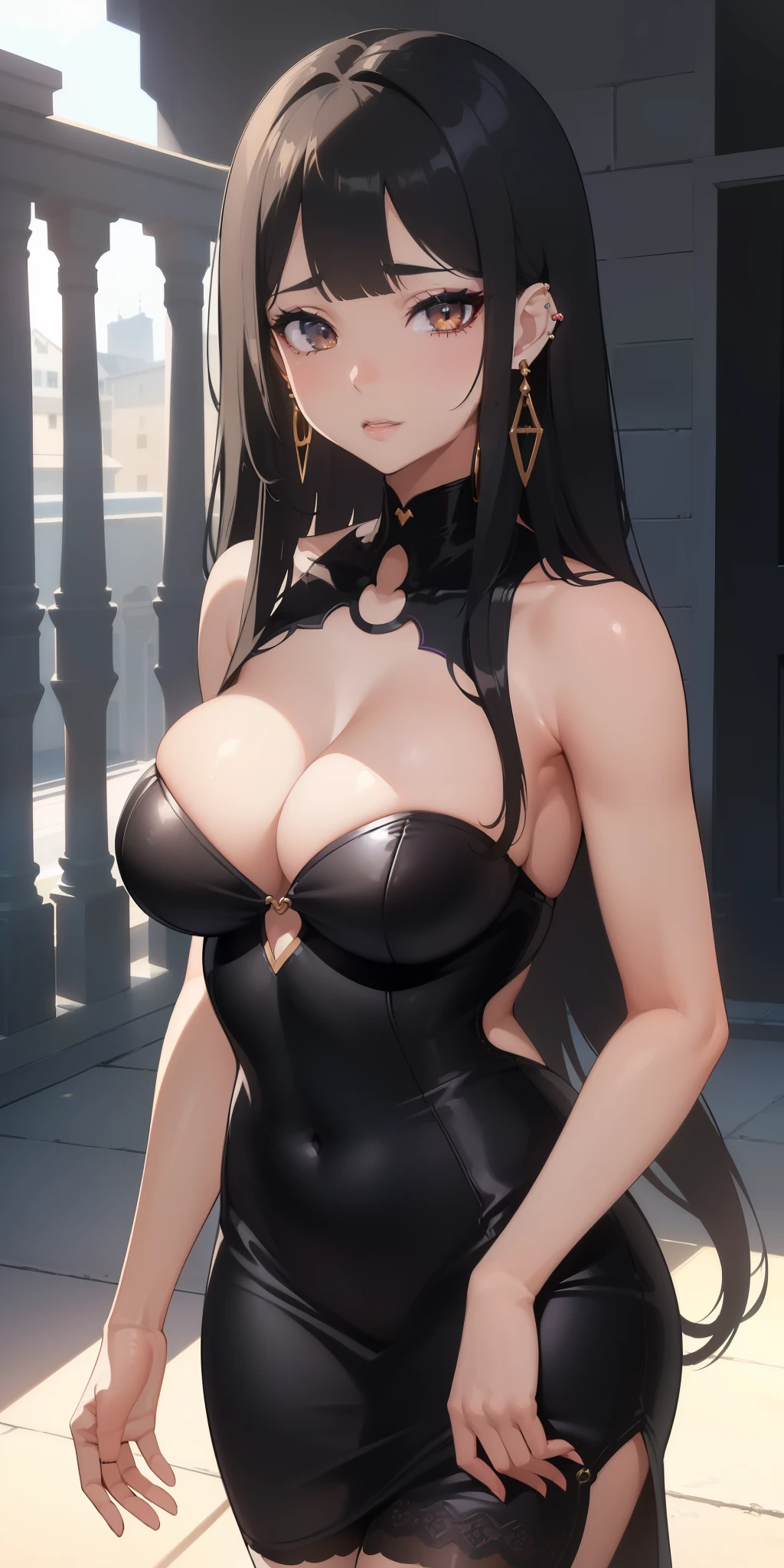 Big, soft breasts ((beautiful and sexy gyaru girl)), (((((black, light, extremely straight hair, symmetrical bangs, cute earrings))))), double eyelids, detailed light brown eyes, hyper-detailed eyes, light in the eyes, detailed iris, has an extremely sexy appearance, with incredible breasts and perfect waist, and an extremely sexy body, Short black dress, strapless, sensual and cool Hentai style, cowboy shot, cool, beautiful makeup, cleavage, ((masterpiece, hyper realistic, hyper detailed, best quality, 16k, Effect of light and shadow on skin, vivid colors)), eyeliner, she is in love, perfect lips, parted lips, sexy face, ((skin with light and shadow), beautifully seductive, passionate, embarrassed, ((she is beautiful)), pose: 1, 2 looking at the viewer, distracted pose, seductive look: 1,3, she is on the balcony of the building