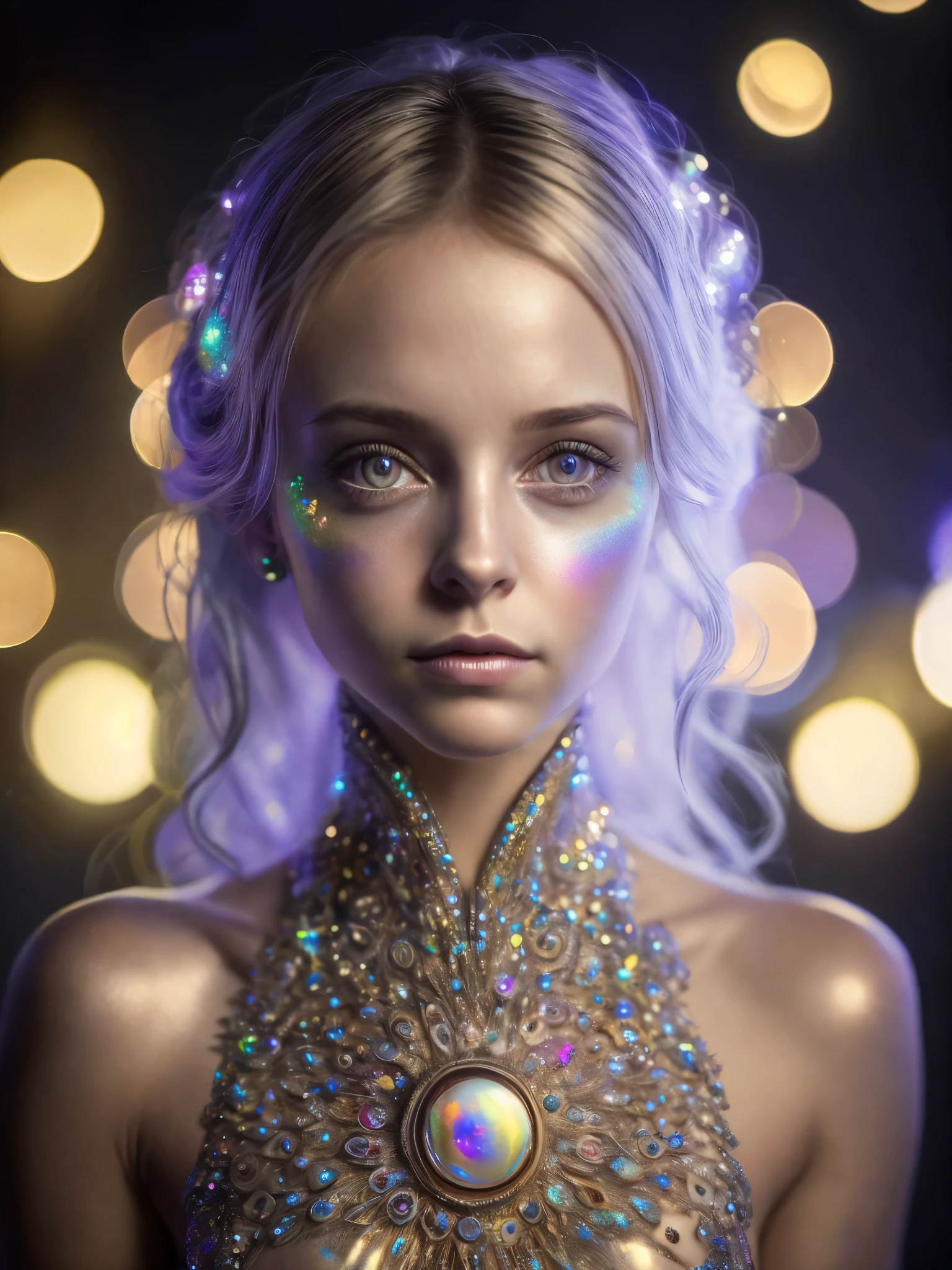 (Realistic:1.2), Photorealistic, highly detailed, full-body image of girl with playful body manipulations, gazing into the camera, divine proportion. The setting is an magical cell background, filled with whimsical lighting and an iridescent ambiance. The figure should embody a silent luminescence in a vibrant, imaginative artwork. The textures should appear soft and the overall mood whisperingly silent, enhanced by vibrant, iridescent touches. The composition should follow the rule of thirds for a visually appealing layout, detailed beautiful eyes and perfect face, anslog photo style, depth of field, bokeh, 16k best quality