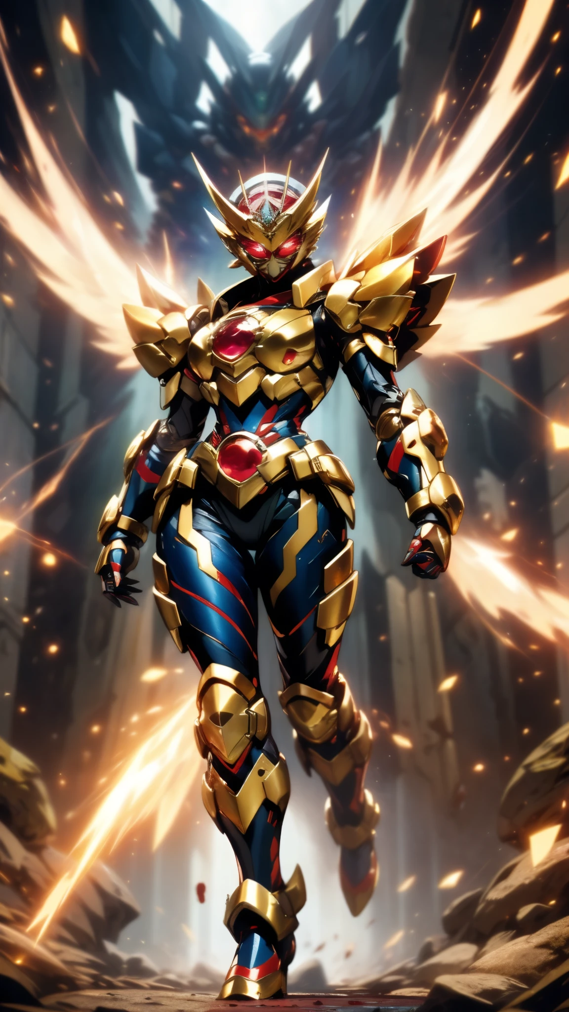 A woman adorned in fantasy-style full-body armor, a crown-concept fully enclosed helmet that unveils only her eyes, a composite layered chest plate, fully encompassing shoulder and hand guards, a lightweight waist armor, form-fitting shin guards, the overall design is heavy-duty yet flexible, ((the armor gleams with a golden glow, complemented by red and blue accents)), exhibiting a noble aura, she floats above a fantasy-surreal high-tech city, this character embodies a finely crafted fantasy-surreal style armored hero in anime style, exquisite and mature manga art style, (mixture of Queen bee and Spider concept Armor, plasma, blood), ((Element, energy, elegant, goddess, femminine:1.5)), metallic, high definition, best quality, highres, ultra-detailed, ultra-fine painting, extremely delicate, professional, anatomically correct, symmetrical face, extremely detailed eyes and face, high quality eyes, creativity, RAW photo, UHD, 32k, Natural light, cinematic lighting, masterpiece-anatomy-perfect, masterpiece:1.5
