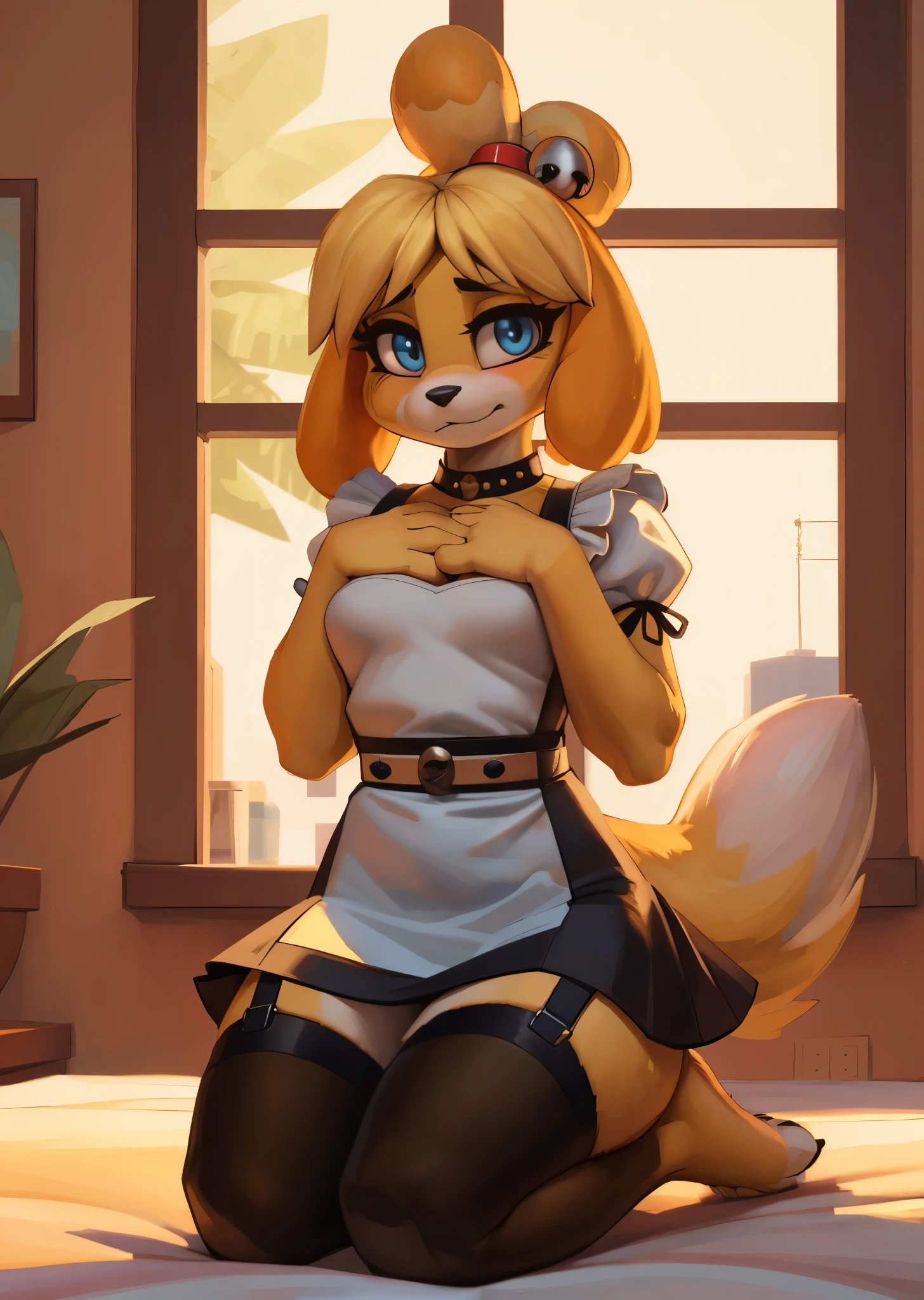 masterpiece, best quality, furry, anthro, anime, highres, perfect hands, 4k, ultra-detailed, by pakwan008 , by pixelsketcher, by jinu, vanilla the rabbit, rabbit girl, animal ears, animal nose, white muzzle, white gloves, orange hair, brown fur, maid dress, black and white outfit, short sleeves, furry female, mature female, indoors, (holding hands), 1girl, 1boy, cowgirl position, sex, vaginal, girl on top, pov, naked male, pussy, penis, (fur on pussy, pussy hair), smirk, looking at viewer, blush, (symmetry:0.6)