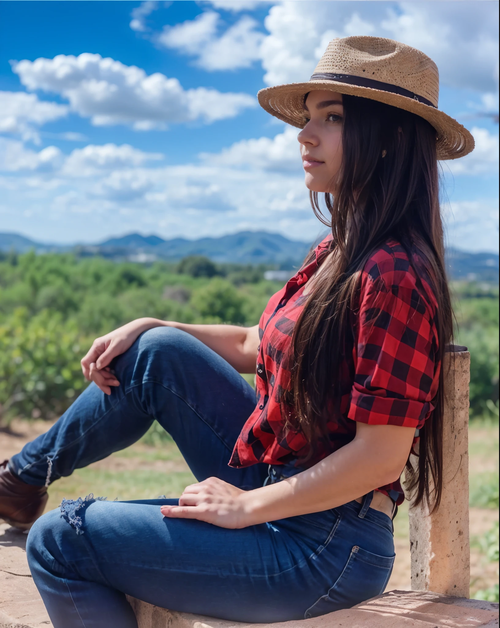 one beautiful woman, oval face, senseful lips, closed mouth, big brown eyes, 30 years old, slim sporty body, middle size breast, she is on a rancho, sunny, deep blue sky 3/4 body, slightly side view, wears jeans and rancho shirt, clothes are whole and consitant, no text, sunny weather, backgorund blurred, sefie shot, cinematic lighting, motion blur, film grain, very detailed, 30 years, natural wave hair, dark brown eyes, high-res, masterpiece, best quality, intricate details, highly detailed, sharp focus, detailed skin, realistic skin texture, texture, detailed eyes, professional, 4k, 85mm, shallow depth of field, kodak color vision, perfect fit body, extremely detailed, photo_\(ultra\), photorealistic, realistic, post-processing, maximum detail, roughness, real life, ultra realistic, photorealism, photography, 8k uhd, photography (grain of film) medium shot for closeup shot, longer slimer face, perfect face, no hands are visible, long beautiful hair, dark brown hair, perfect face, charming deep eyes, flirty eyes, long hair, round heaps, (dark brown hair):2.5, longer slimer face, hands are hidden in the pockets, no hands are visible, (((long slim fase)))