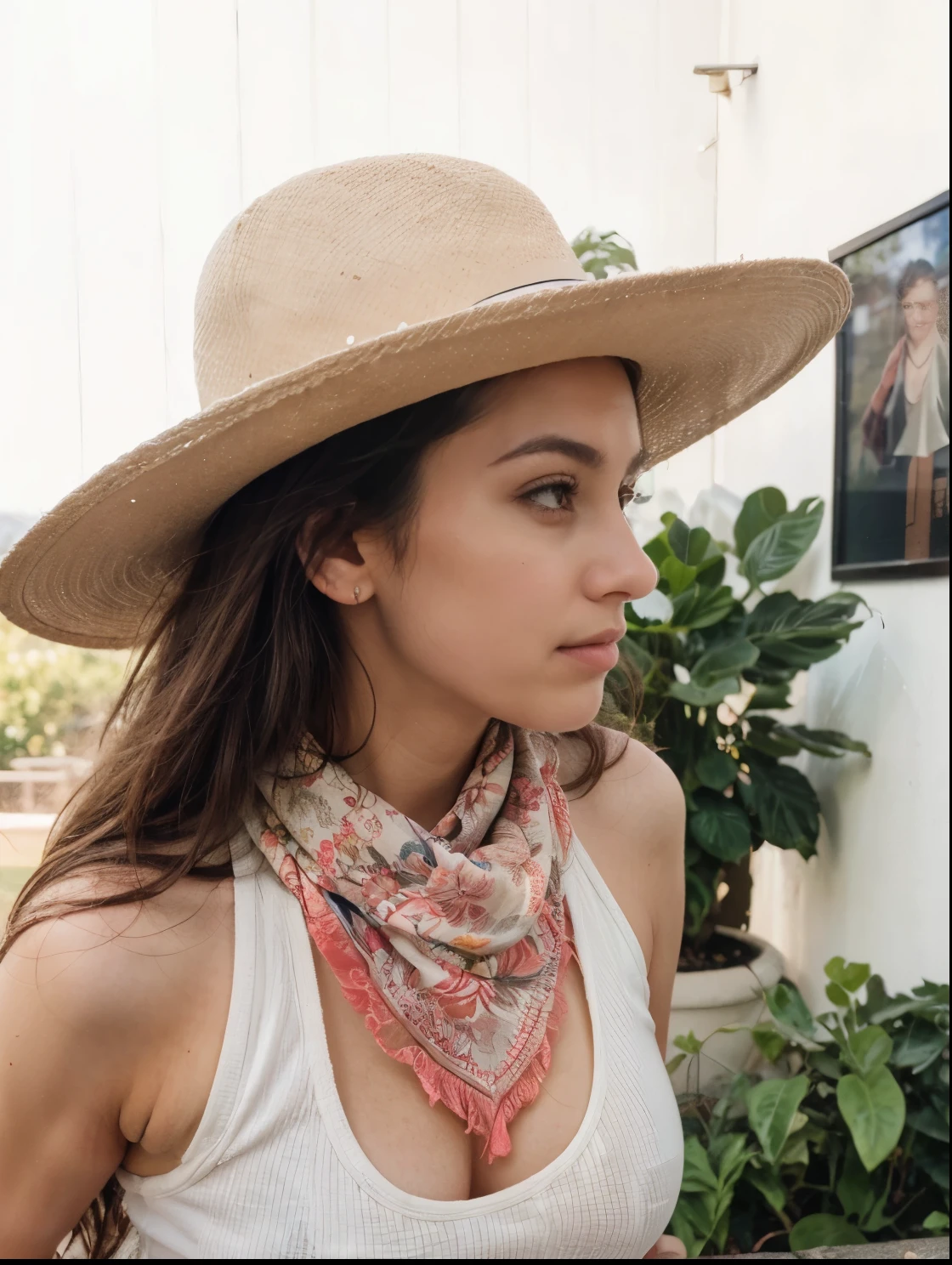 one beautiful woman, oval face, senseful lips, closed mouth, big brown eyes, 30 years old, slim sporty body, middle size breast, she is on a rancho, sunny, deep blue sky 3/4 body, slightly side view, wears jeans and rancho shirt, clothes are whole and consitant, no text, sunny weather, backgorund blurred, sefie shot, cinematic lighting, motion blur, film grain, very detailed, 30 years, natural wave hair, dark brown eyes, high-res, masterpiece, best quality, intricate details, highly detailed, sharp focus, detailed skin, realistic skin texture, texture, detailed eyes, professional, 4k, 85mm, shallow depth of field, kodak color vision, perfect fit body, extremely detailed, photo_\(ultra\), photorealistic, realistic, post-processing, maximum detail, roughness, real life, ultra realistic, photorealism, photography, 8k uhd, photography (grain of film) medium shot for closeup shot, longer slimer face, perfect face, no hands are visible, long beautiful hair, dark brown hair, perfect face, charming deep eyes, flirty eyes, long hair, round heaps, (dark brown hair):2.5, longer slimer face, hands are hidden in the pockets, no hands are visible, (((long slim fase)))