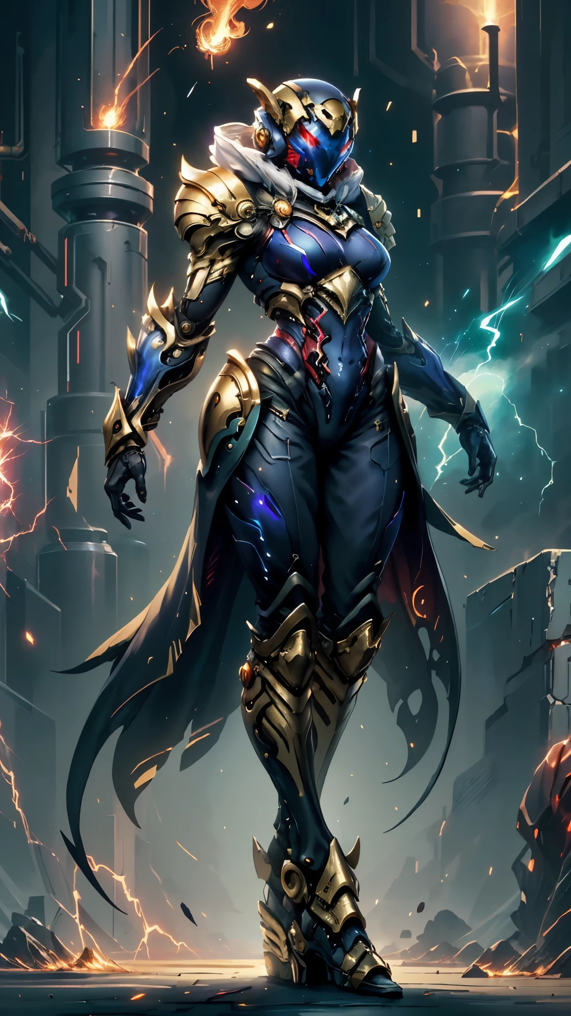 A woman adorned in fantasy-style full-body armor, a crown-concept fully enclosed helmet that unveils only her eyes, a composite layered chest plate, fully encompassing shoulder and hand guards, a lightweight waist armor, form-fitting shin guards, the overall design is heavy-duty yet flexible, ((the armor gleams with a golden glow, complemented by red and blue accents)), exhibiting a noble aura, she floats above a fantasy-surreal high-tech city, this character embodies a finely crafted fantasy-surreal style armored hero in anime style, exquisite and mature manga art style, (mixture of Queen bee and Spider concept Armor, plasma, blood), ((Element, energy, elegant, goddess, femminine:1.5)), metallic, high definition, best quality, highres, ultra-detailed, ultra-fine painting, extremely delicate, professional, anatomically correct, symmetrical face, extremely detailed eyes and face, high quality eyes, creativity, RAW photo, UHD, 32k, Natural light, cinematic lighting, masterpiece-anatomy-perfect, masterpiece:1.5