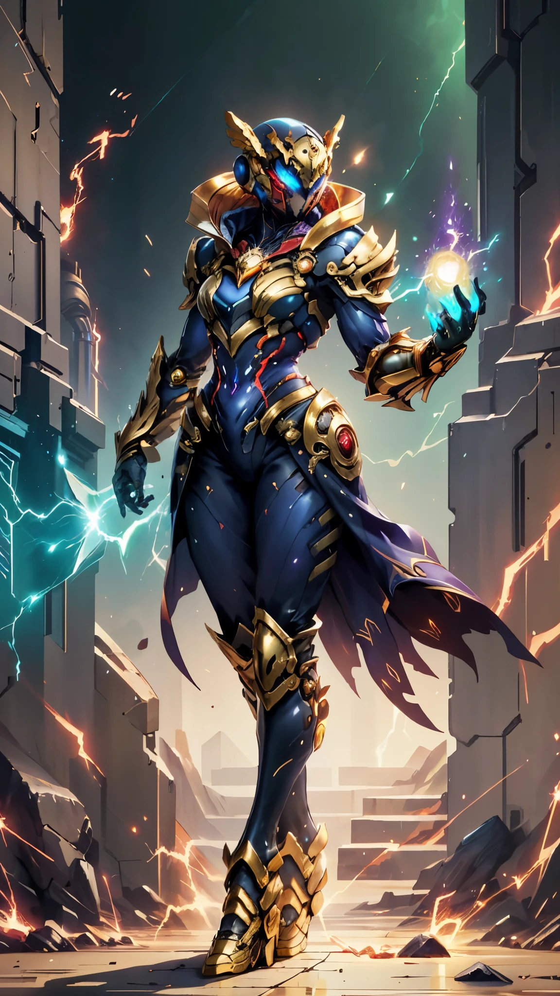 A woman adorned in fantasy-style full-body armor, a crown-concept fully enclosed helmet that unveils only her eyes, a composite layered chest plate, fully encompassing shoulder and hand guards, a lightweight waist armor, form-fitting shin guards, the overall design is heavy-duty yet flexible, ((the armor gleams with a golden glow, complemented by red and blue accents)), exhibiting a noble aura, she floats above a fantasy-surreal high-tech city, this character embodies a finely crafted fantasy-surreal style armored hero in anime style, exquisite and mature manga art style, (mixture of Queen bee and Spider concept Armor, plasma, blood), ((Element, energy, elegant, goddess, femminine:1.5)), metallic, high definition, best quality, highres, ultra-detailed, ultra-fine painting, extremely delicate, professional, anatomically correct, symmetrical face, extremely detailed eyes and face, high quality eyes, creativity, RAW photo, UHD, 32k, Natural light, cinematic lighting, masterpiece-anatomy-perfect, masterpiece:1.5