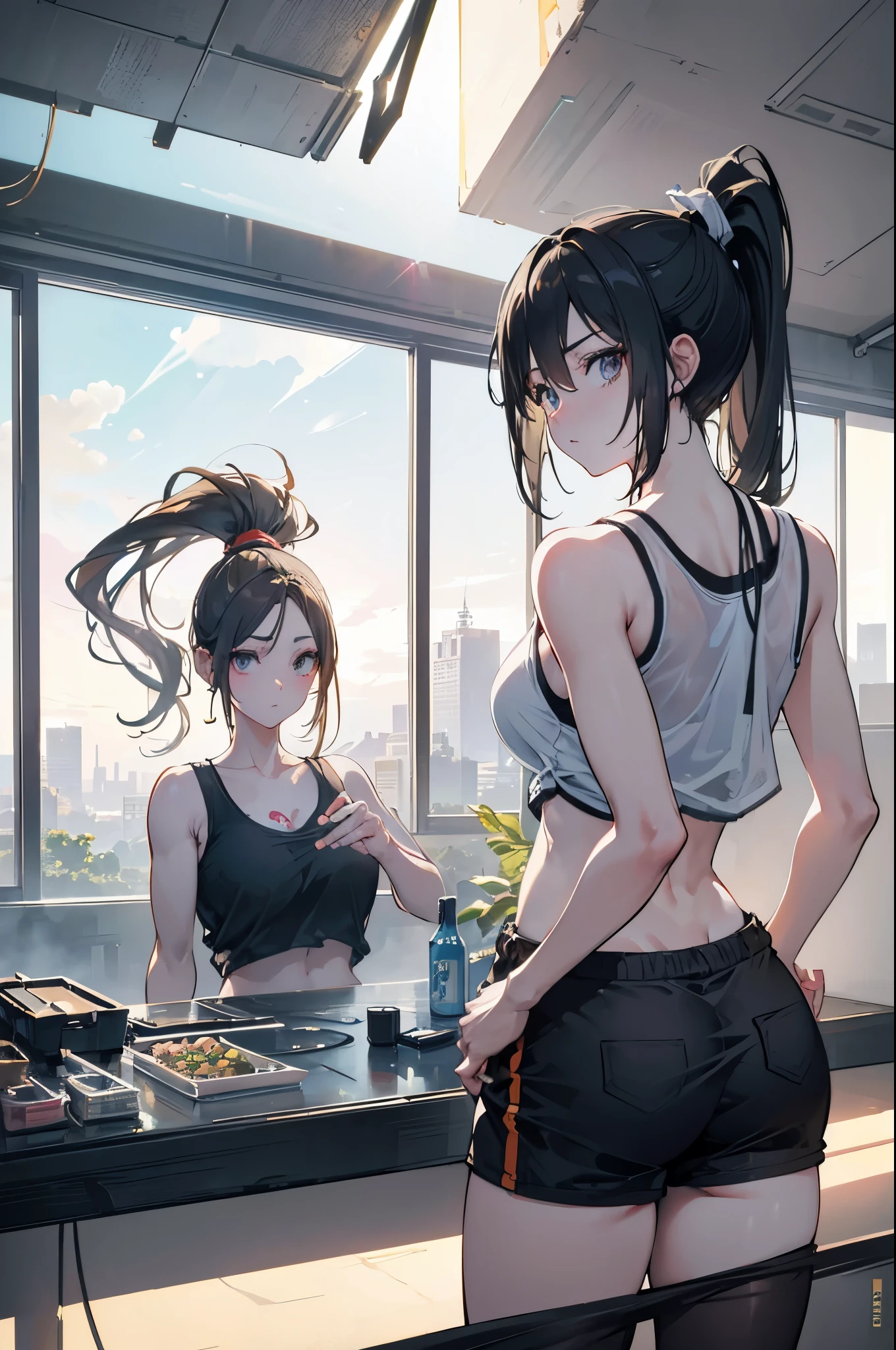 chell, ponytail, tank top, clothes around waist, bright morning sunlight shining through window (zrpgstyle) (masterpiece:1.2) (illustration:1.2) (best quality:1.2) (detailed) (intricate) (8k) (HDR) (cinematic lighting) (sharp focus), Masterpiece, high resolution, with anime style beautiful women, RTX, amazing anime illustration, impressive lighting, fantastic, dangerous, monstrous, dynamic pose, cyberpunk elements, magic cicle