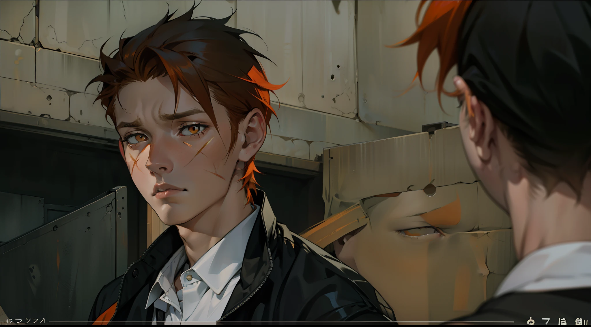 young boy with orange hair, orange eyes, he is sad, he is sad, he is 17 years old, he has a scar on his face