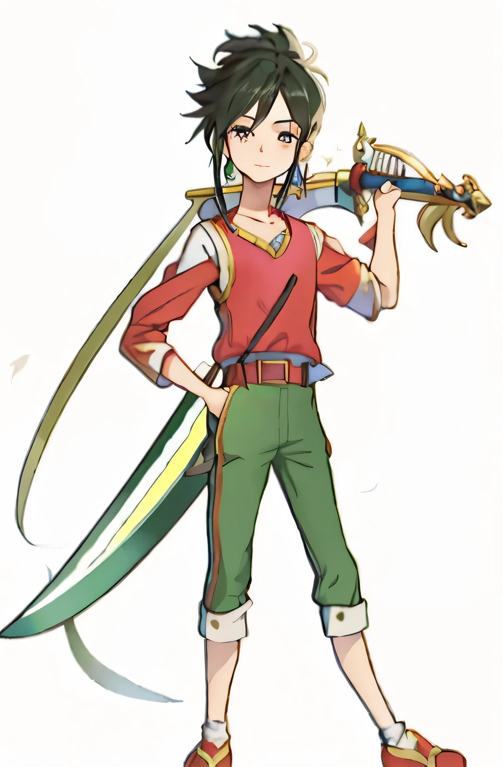 una imagen de dibujos animados de un hombre con una espada y una espada, arte oficial, arte oficial del personaje, con espada grande, rogue bard, anime estilo sao, zhongli del impacto genshin, sosteniendo una espada en su hombro, Bardo macho sonriente, chica anime con arco y flecha, Imagen de anime Shuushuu, Also, Chico arquero, mientras sostiene una espada