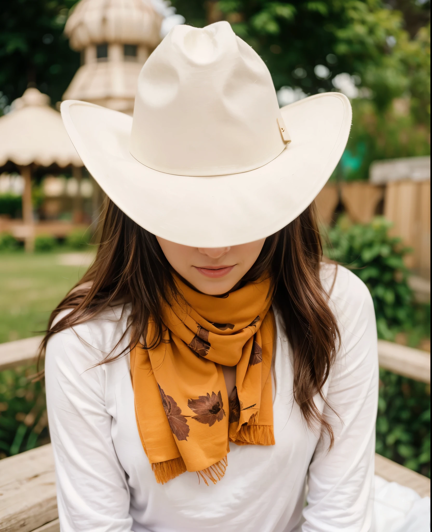 one beautiful woman, oval face, senseful lips, closed mouth, big brown eyes, 30 years old, slim sporty body, middle size breast, she is on a rancho, sunny, deep blue sky 3/4 body, slightly side view, wears jeans and rancho shirt, clothes are whole and consitant, no text, sunny weather, backgorund blurred, sefie shot, cinematic lighting, motion blur, film grain, very detailed, 30 years, natural wave hair, dark brown eyes, high-res, masterpiece, best quality, intricate details, highly detailed, sharp focus, detailed skin, realistic skin texture, texture, detailed eyes, professional, 4k, 85mm, shallow depth of field, kodak color vision, perfect fit body, extremely detailed, photo_\(ultra\), photorealistic, realistic, post-processing, maximum detail, roughness, real life, ultra realistic, photorealism, photography, 8k uhd, photography (grain of film) medium shot for closeup shot, longer slimer face, perfect face, no hands are visible, long beautiful hair, dark brown hair, perfect face, charming deep eyes, flirty eyes, long hair, round heaps, (dark brown hair):2.5, longer slimer face, hands are hidden in the pockets, no hands are visible, (((long slim fase)))