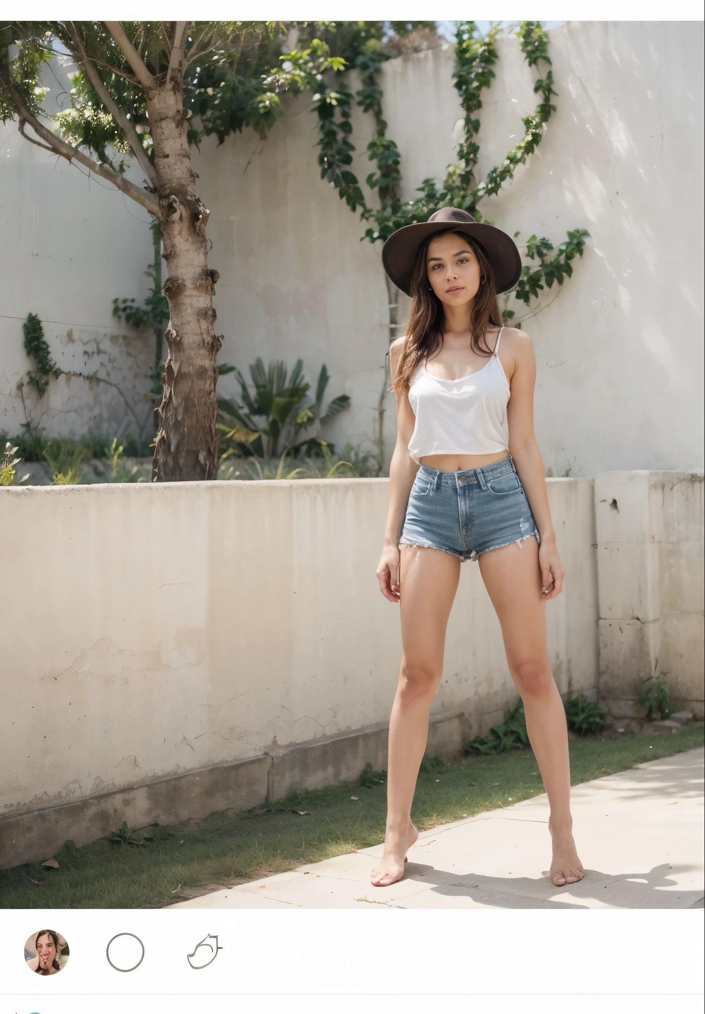 one beautiful woman, oval face, senseful lips, closed mouth, big brown eyes, 30 years old, slim sporty body, middle size breast, she is on a rancho, sunny, deep blue sky 3/4 body, slightly side view, wears jeans and rancho shirt, clothes are whole and consitant, no text, sunny weather, backgorund blurred, sefie shot, cinematic lighting, motion blur, film grain, very detailed, 30 years, natural wave hair, dark brown eyes, high-res, masterpiece, best quality, intricate details, highly detailed, sharp focus, detailed skin, realistic skin texture, texture, detailed eyes, professional, 4k, 85mm, shallow depth of field, kodak color vision, perfect fit body, extremely detailed, photo_\(ultra\), photorealistic, realistic, post-processing, maximum detail, roughness, real life, ultra realistic, photorealism, photography, 8k uhd, photography (grain of film) medium shot for closeup shot, longer slimer face, perfect face, no hands are visible, long beautiful hair, dark brown hair, perfect face, charming deep eyes, flirty eyes, long hair, round heaps, (dark brown hair):2.5, longer slimer face, hands are hidden in the pockets, no hands are visible, (((long slim fase)))