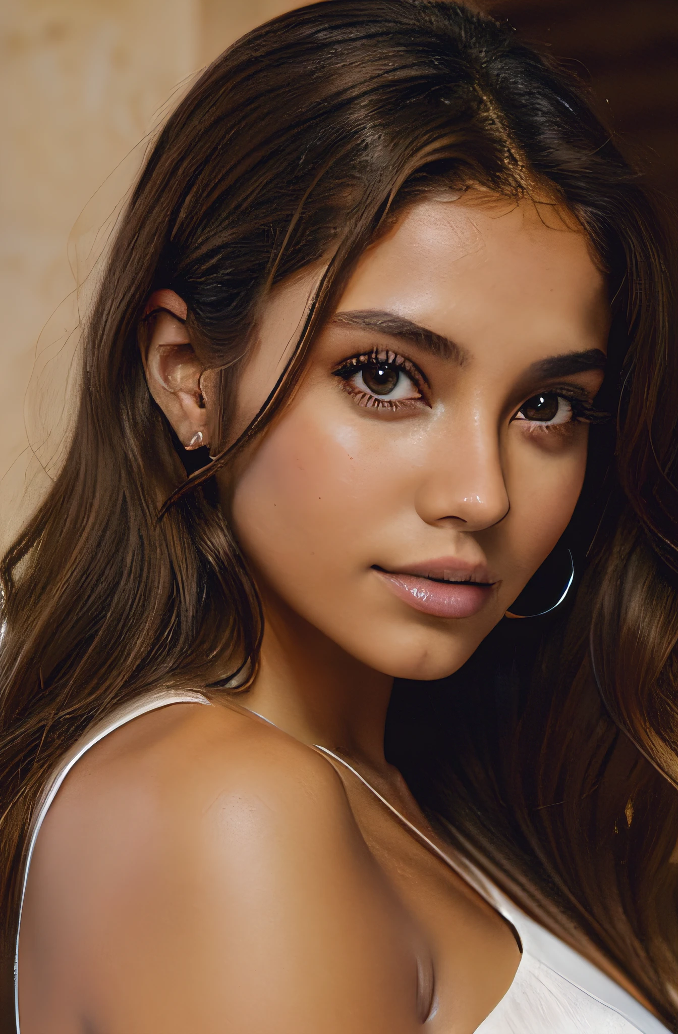 bela morena, pele bronzeada, Olhos verdes claros, Garota de 20 anos com cabelo castanho claro longo e encaracolado com mechas loiras, mono, 8K, Ultra HD, 8mm