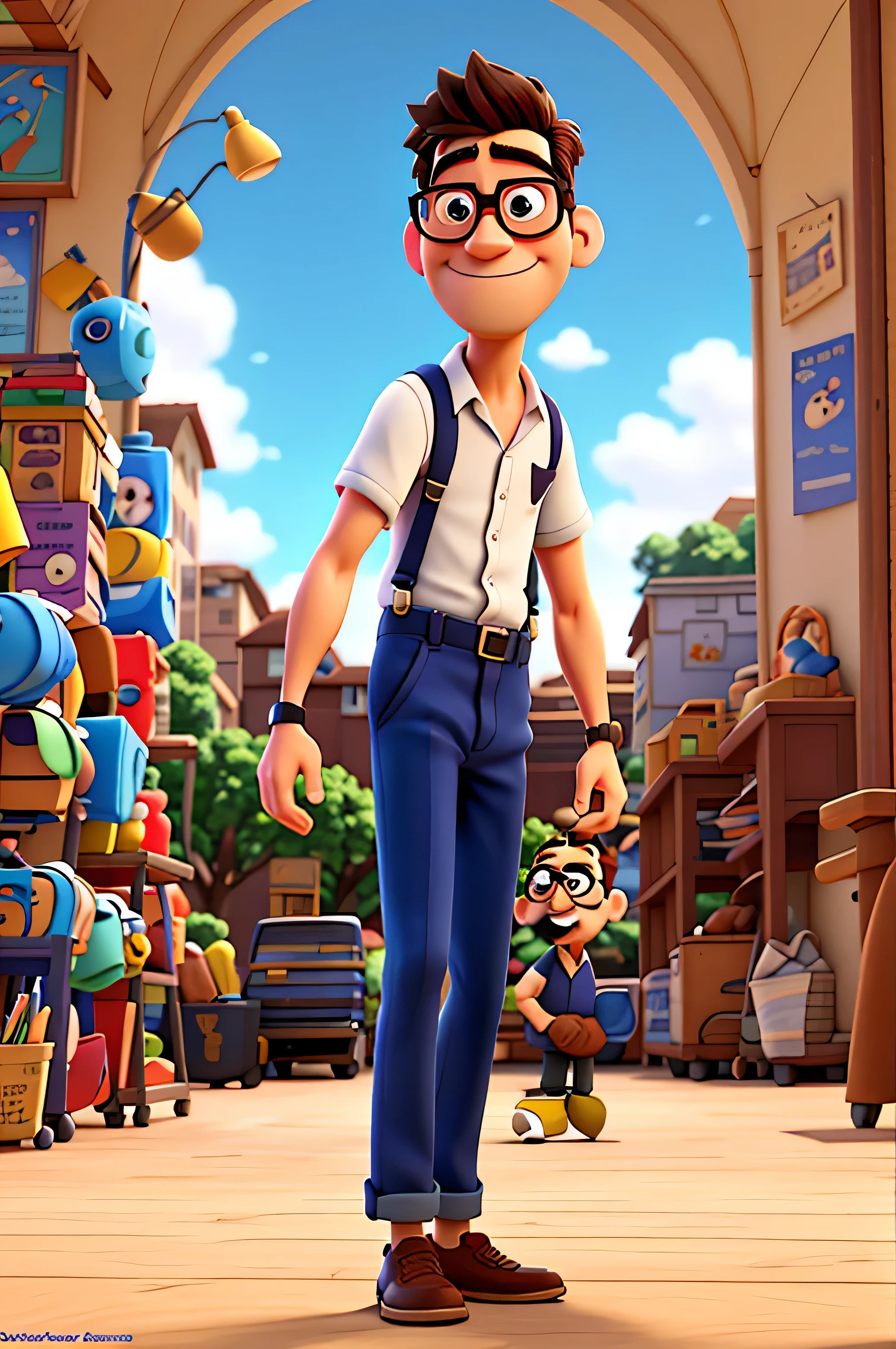 cartoon character of a man with glasses and suspenders in front of a school, conversando com seus amigos, filme animado, filme animado still, filme animado, 3 d filme animado, filme animado, estilo pixar e disney 3d, filme animado scene, estilo 3d da disney pixar, Estilo de desenho animado da Pixar, filme da disney pixar ainda, filme animado shot, filme animado still