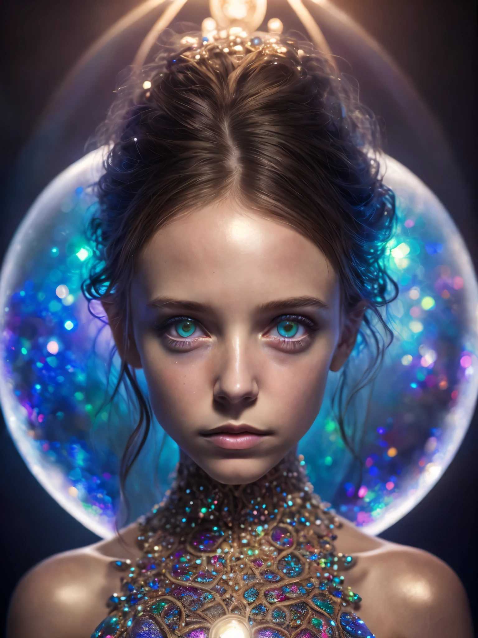 (Realistic:1.2), Photorealistic, highly detailed, full-body image of girl with playful body manipulations, gazing into the camera, divine proportion. The setting is an magical cell background, filled with whimsical lighting and an iridescent ambiance. The figure should embody a silent luminescence in a vibrant, imaginative artwork. The textures should appear soft and the overall mood whisperingly silent, enhanced by vibrant, iridescent touches. The composition should follow the rule of thirds for a visually appealing layout, detailed beautiful eyes and perfect face, anslog photo style, depth of field, bokeh, 16k best quality