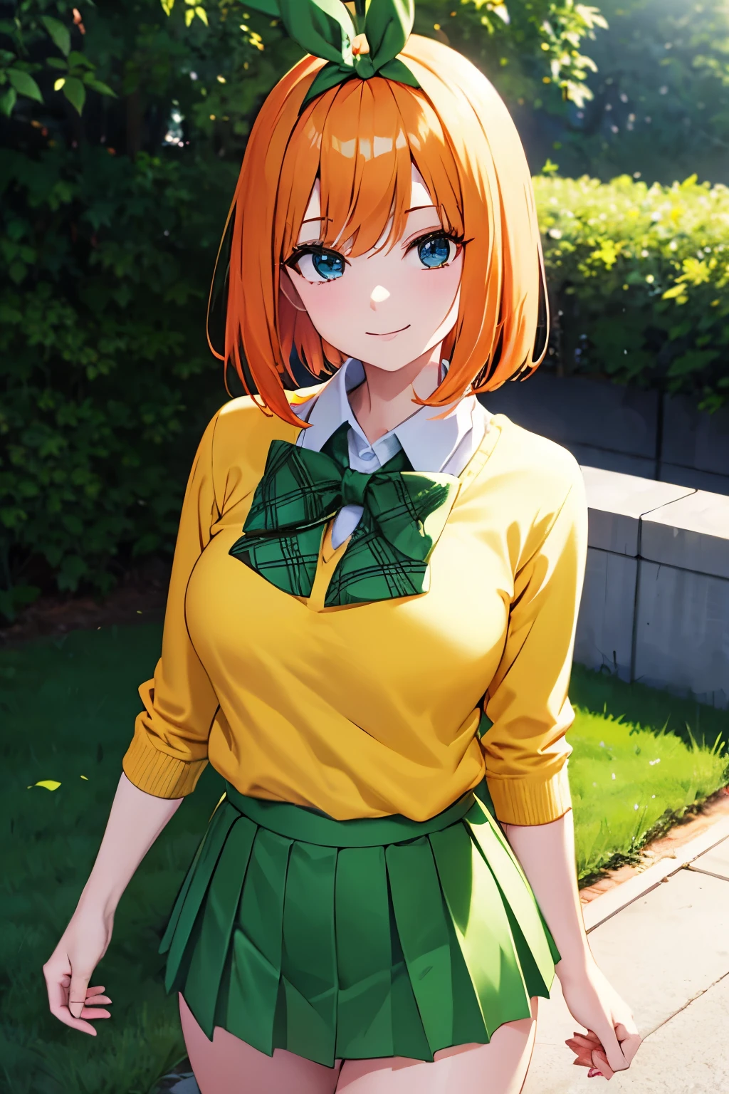 2d, masterpiece, best quality, anime, highly detailed, 1girl, solo, cowboy shot, nakano yotsuba, orange hair, hair bow, green bowtie, yellow sweater, collared shirt, green skirt, miniskirt, medium breasts, standing, school, outdoors, smile