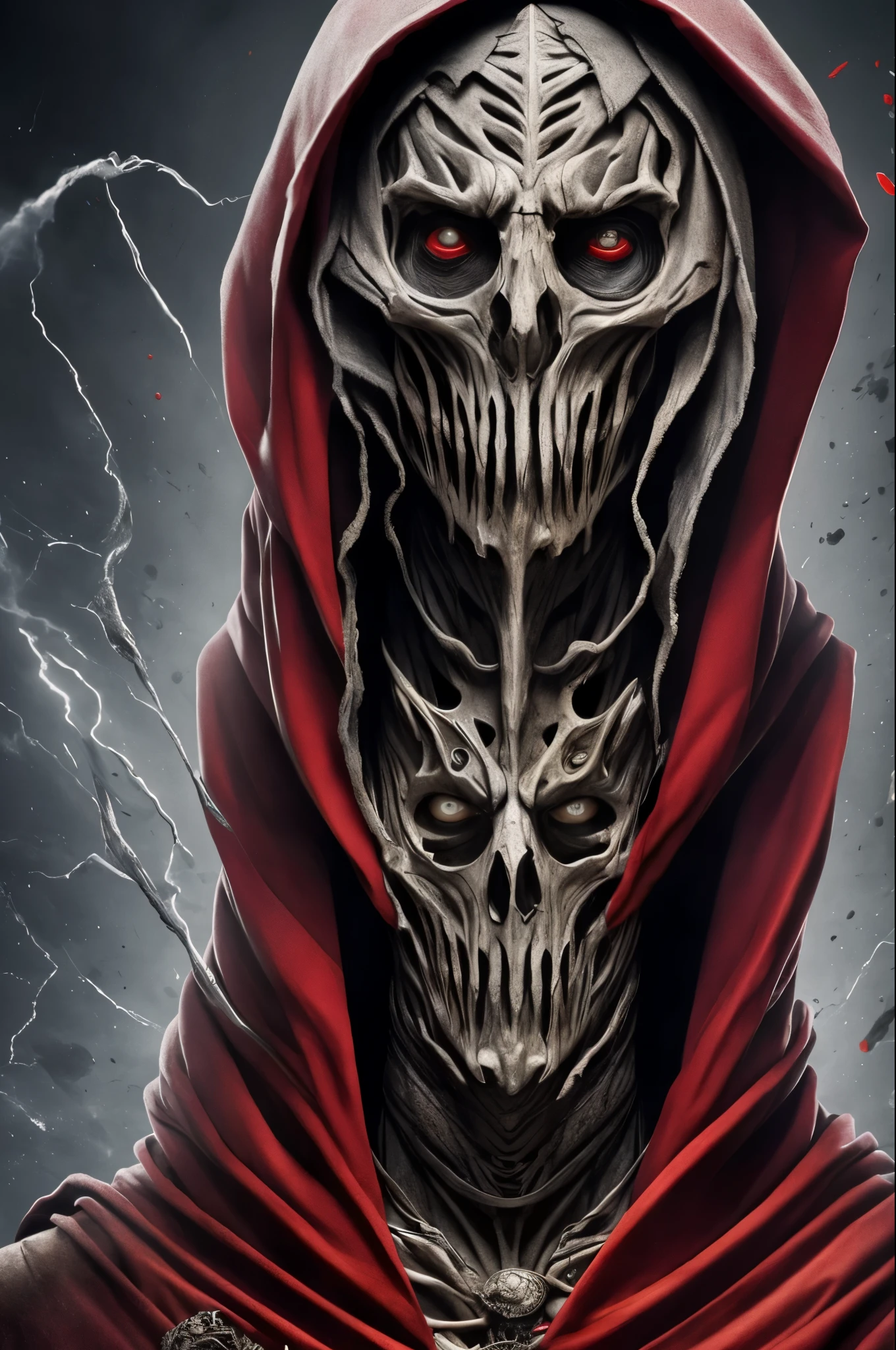 (obra de arte:1.2), absurdos, Uma foto fotorrealista de Mumm-Ra,Sozinho, decomposing mummy,a malicious and ancient sorcerer, , murcho, envolto em bandagens podres, corpo emaciado. grotesco, the skin is a sickly gray, coberto de bandagens podres e esfarrapadas, your body is emaciated, his face is hidden by a red hooded cloak, olhos vermelhos sinistros e brilhantes, malicious, (altamente detalhado:1.3)