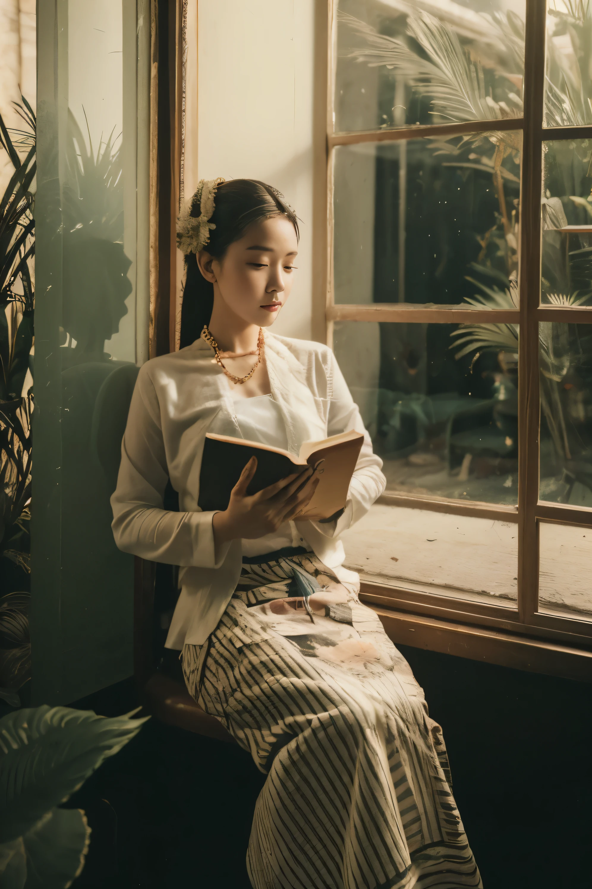 Myanmar lady, wearing dark blue, normal wear, plain, pattern long skirt, siting, reading a book, near window, window shadow, shadow on body, sun light, half body, ultra detail, detail face, plant nearby