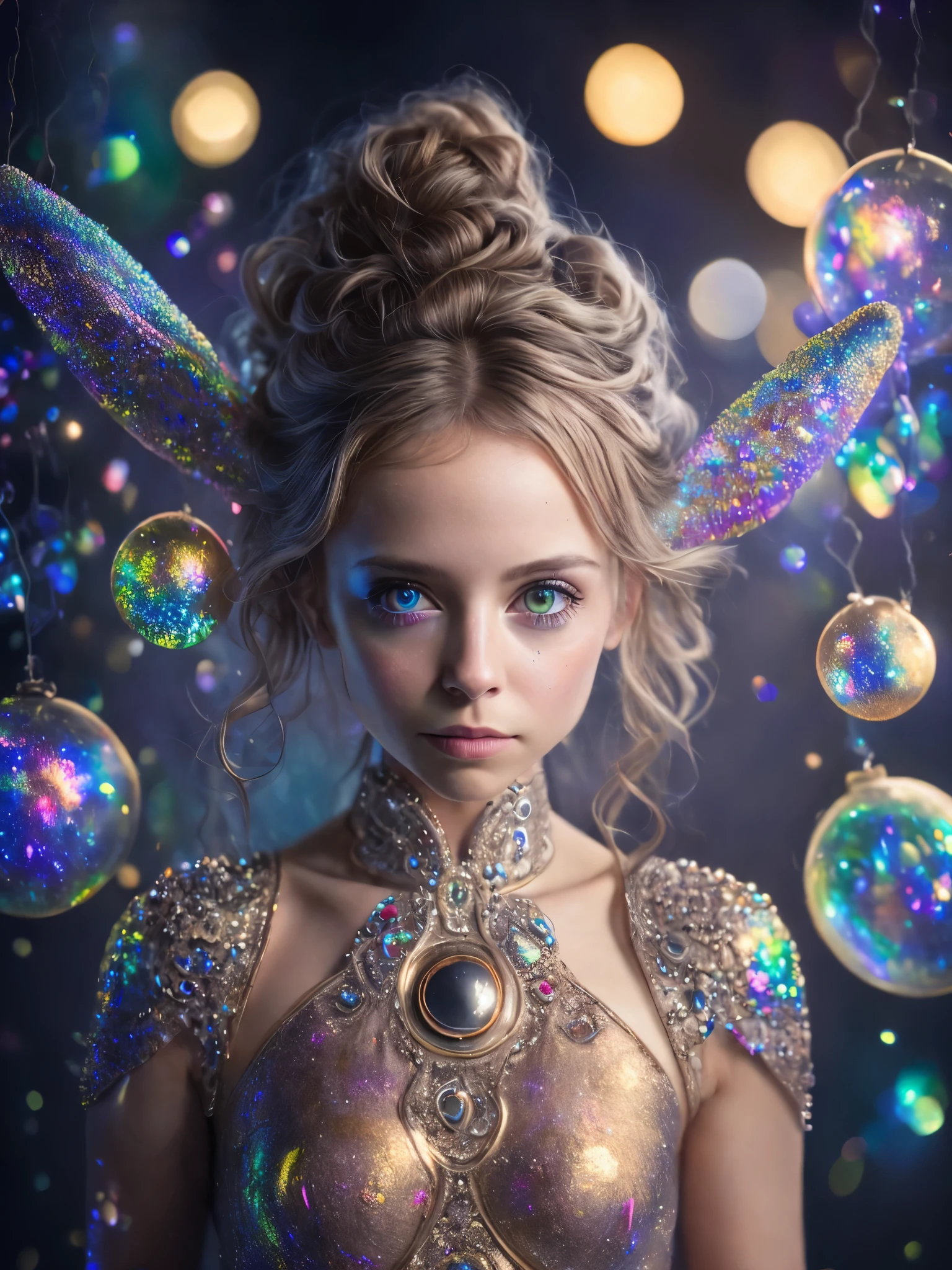 (Realistic:1.2), Photorealistic, highly detailed, full-body image of girl with playful body manipulations, gazing into the camera, divine proportion. The setting is an magical cell background, filled with whimsical lighting and an iridescent ambiance. The figure should embody a silent luminescence in a vibrant, imaginative artwork. The textures should appear soft and the overall mood whisperingly silent, enhanced by vibrant, iridescent touches. The composition should follow the rule of thirds for a visually appealing layout, detailed beautiful eyes and perfect face, anslog photo style, depth of field, bokeh, 16k best quality