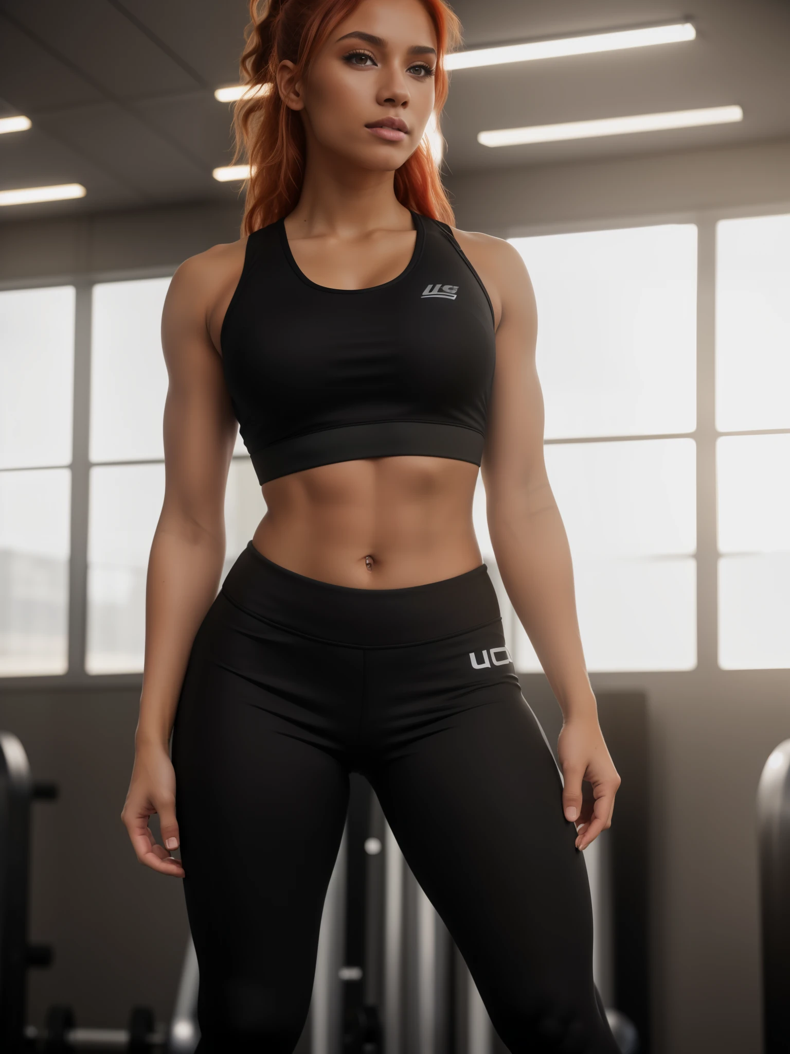 Erika, 20 years old, young woman, red hair, wavy hair, long hair, light brown skin, wearing black sports bra top and black leggings posing for a picture, training bra, fitness model, fit curvy physique, sport bra and shirt, standing in a gym, empty gym, minimalistic background, black gym, window backdrop, full body, medium full shot, photo realistic, 8k, UHD, high textured skin, high details, highres, hyperrealistic, ccurate, Sony FE 16-35mm