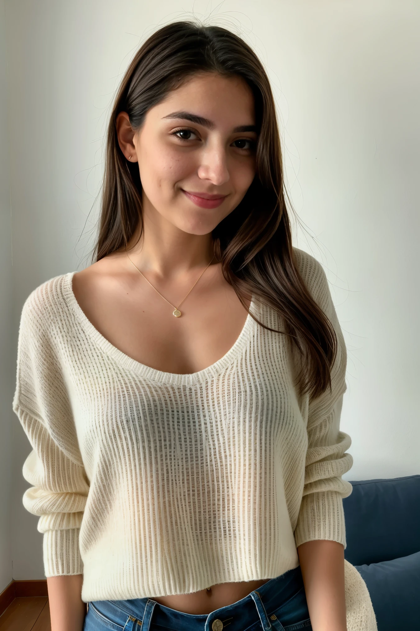 Instagram-Foto, Foto aproximada do rosto de 23 anos.Chloe with the black sweater, decote, pale skin, (sorriso:0.4), Sombras duras, melhor qualidade, Obra de arte, ultra-high resolution, (fotorrealista:1.4), Foto RAW, 1 meninas, ((camisola de renda preta)), ((peito grande)), Luz fria