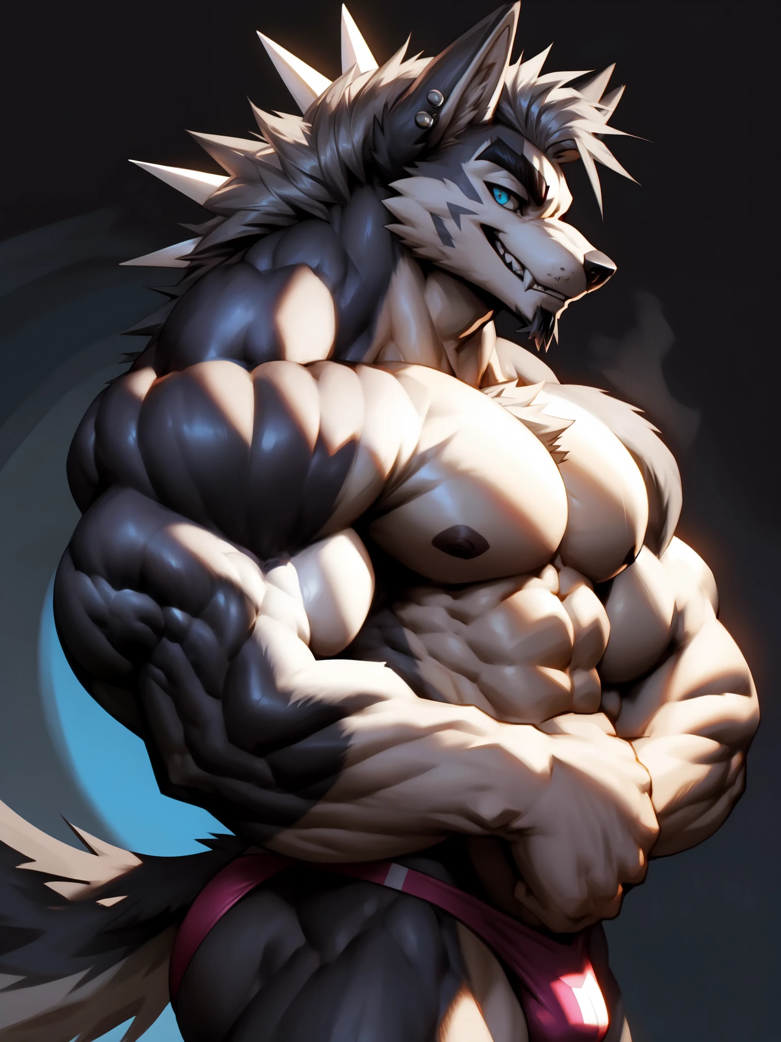 ((trending on E621, trending on Furaffinity digital media, trending on Artstation, trending on twitter , digital painting, digital media, digital paint, digital illustration, (masterpiece))) (((((((by_bigdad))))))), by takemoto arash, by_kuroma ,((((by_drks)))), by_ashendawger, by_kardie , BREAK ((((solo:1.3,Full body)))) ((((((anthro, anthrofield, (grey wolf)))))) | break | handsomeface,((((((elderlyface)))))), age_up_face , (((wildface)))))))), ((((((((charming)))))))) BREAK ((((((hyper_muscles:1.4)))))), (((detailed eyes,blue eyes))) | (((gray fur | finger claw | )))) | (((((((( gray hair | black eyebrow | short hair | black goatee hair | spiky_black_Ear_piercing))))))))) | BREAK (((((thick eyebrows))))) | BREAK (best quality | 8k | hi-res)) BREAK (((perfect face))) | BREAK 2:3, ((side view , close-up view)), (((swimming thongs))))