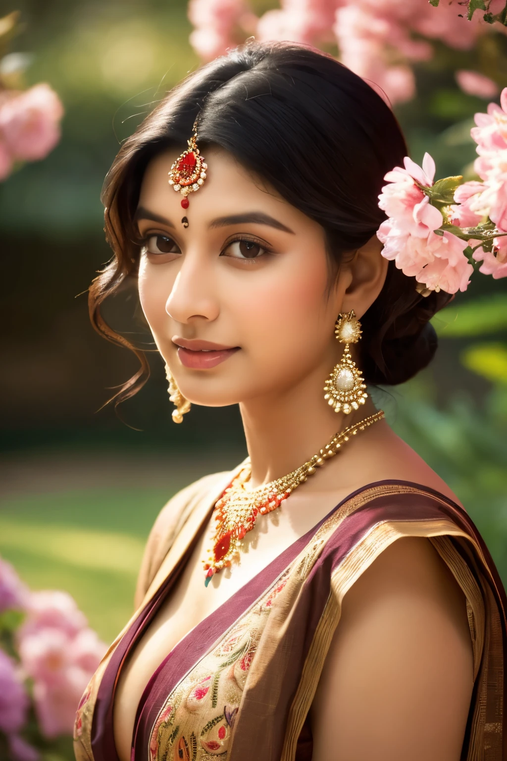 (best quality,4k,8k,highres,masterpiece:1.2), ultra-detailed, (realistic,photorealistic,photo-realistic:1.37), portraits, hanging saggy breast, chubby Indian middle-aged women, beautiful curvy full body, Indian milf showing gigantic cleavage, gigantic super saggy breasts, hard nipples, detailed eyes, detailed lips, long eyelashes, satin-like skin, lustrous dark hair, confident and seductive expression, traditional Indian jewelry, vibrant colors, warm and earthy tone, soft and diffused lighting, rich texture, realistic fabric folds, serene garden backdrop, blooming flowers, gentle breeze, tranquil atmosphere.