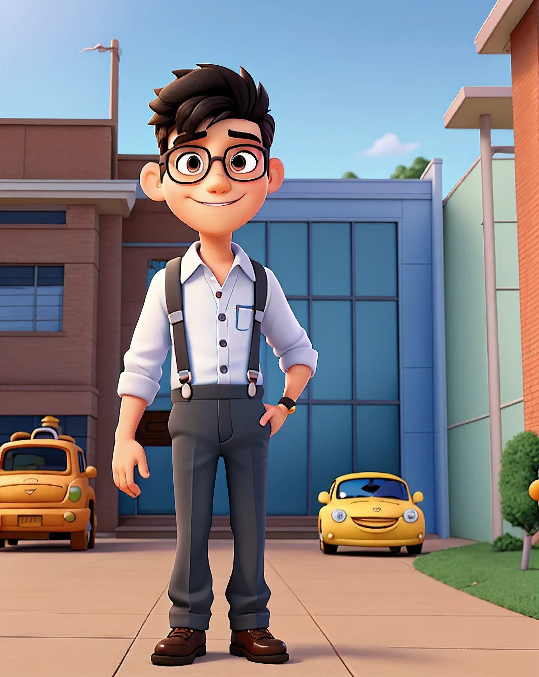 cartoon character of a boy with glasses and suspenders in front of a school, estacionamento com carros 3d filme animado,  estilo pixar e disney 3d, filme animado scene, estilo 3d da disney pixar, Estilo de desenho animado da Pixar, 