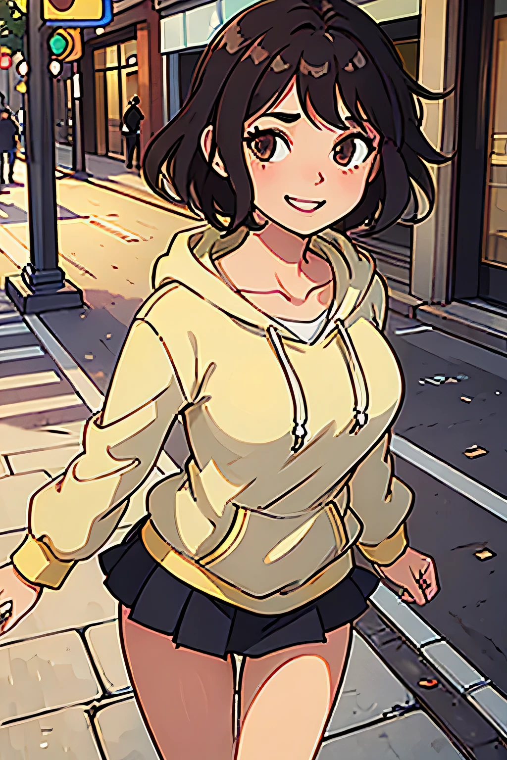 (best quality:0.8) perfect anime illustration, a pretty, happy woman with short curly brown hair on the street in the city, wearing a hoodie, skirt, slightly large breast