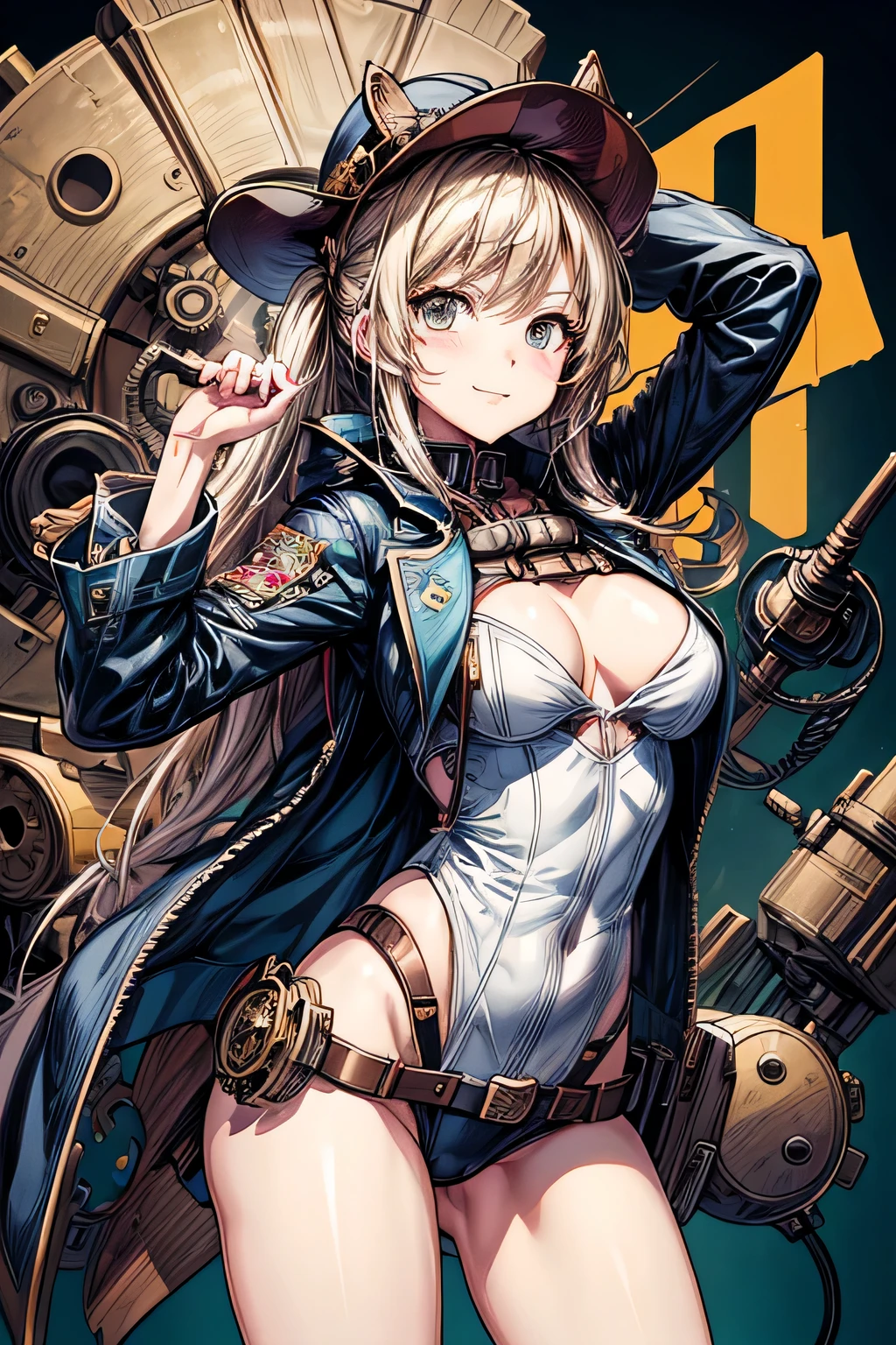 (comic book style),(line drawing_anime),(cowboy shot, highest quality, ),(Laura Budd Photo:1.2),(Laura Add Details:1.0),8k, flat color:0.8,1 girl,smile、(steampunk、silk hat、goggles、machinery background、Gear background、1.5),