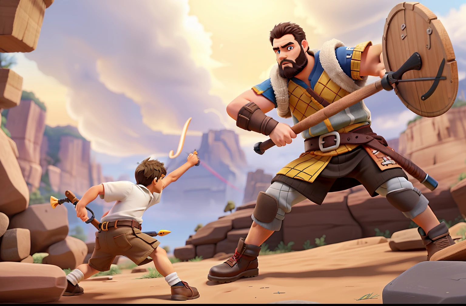 create davi battling goliath with a slingshot in his hand in biblical clothing