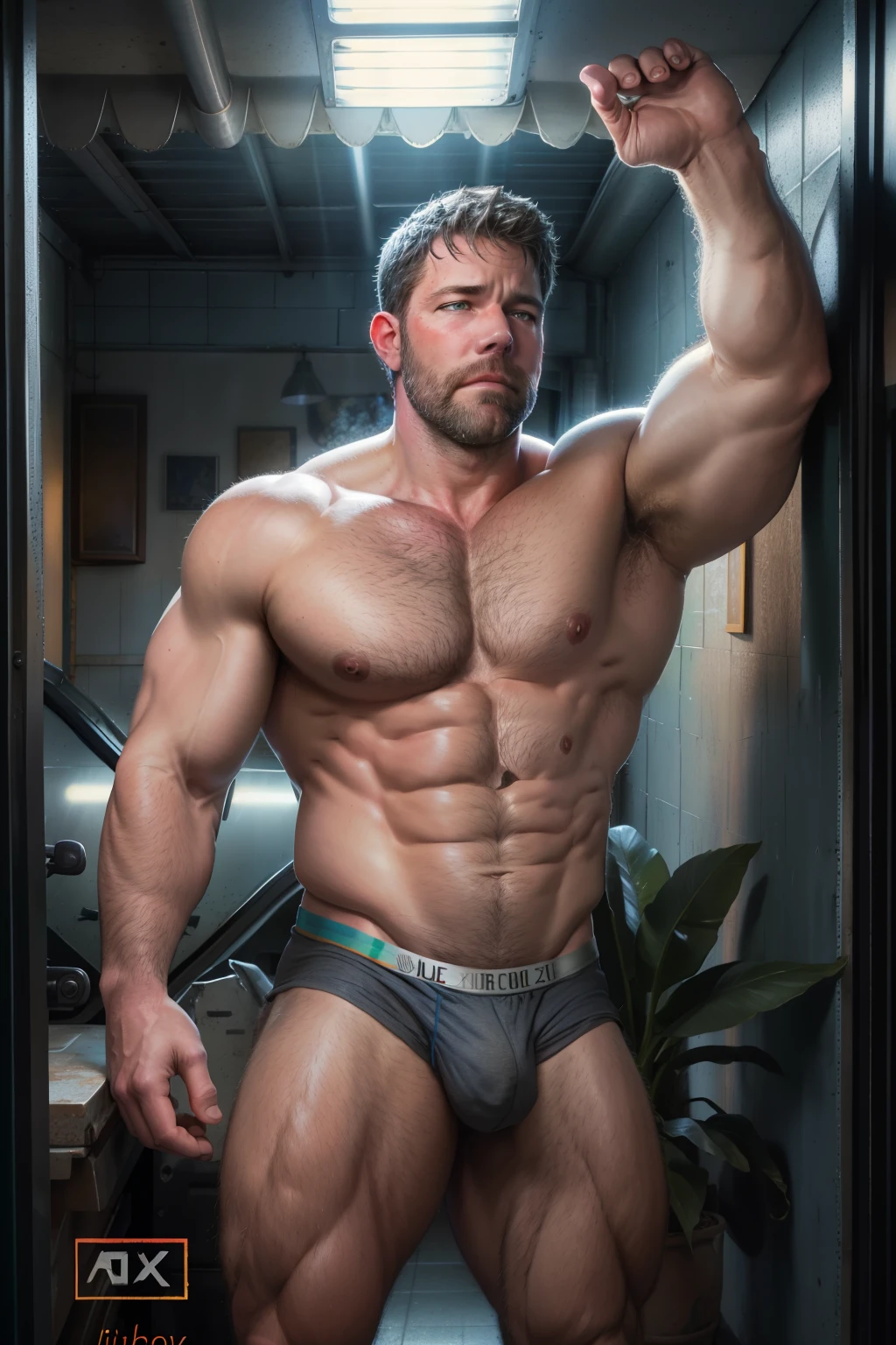 A portrait full body photograph Atractive ben Affleck kissing Matt Damon, heavy trucker-driver, using only underwear, bearded, Strong, muscular, hairy big belly bodybuilder, showing very hairy groin area, epic realistic, photo, faded, neutral colors, ((((hdr)))), muted colors, intricate scene, artstation, intricate details, vignette --auto --s2