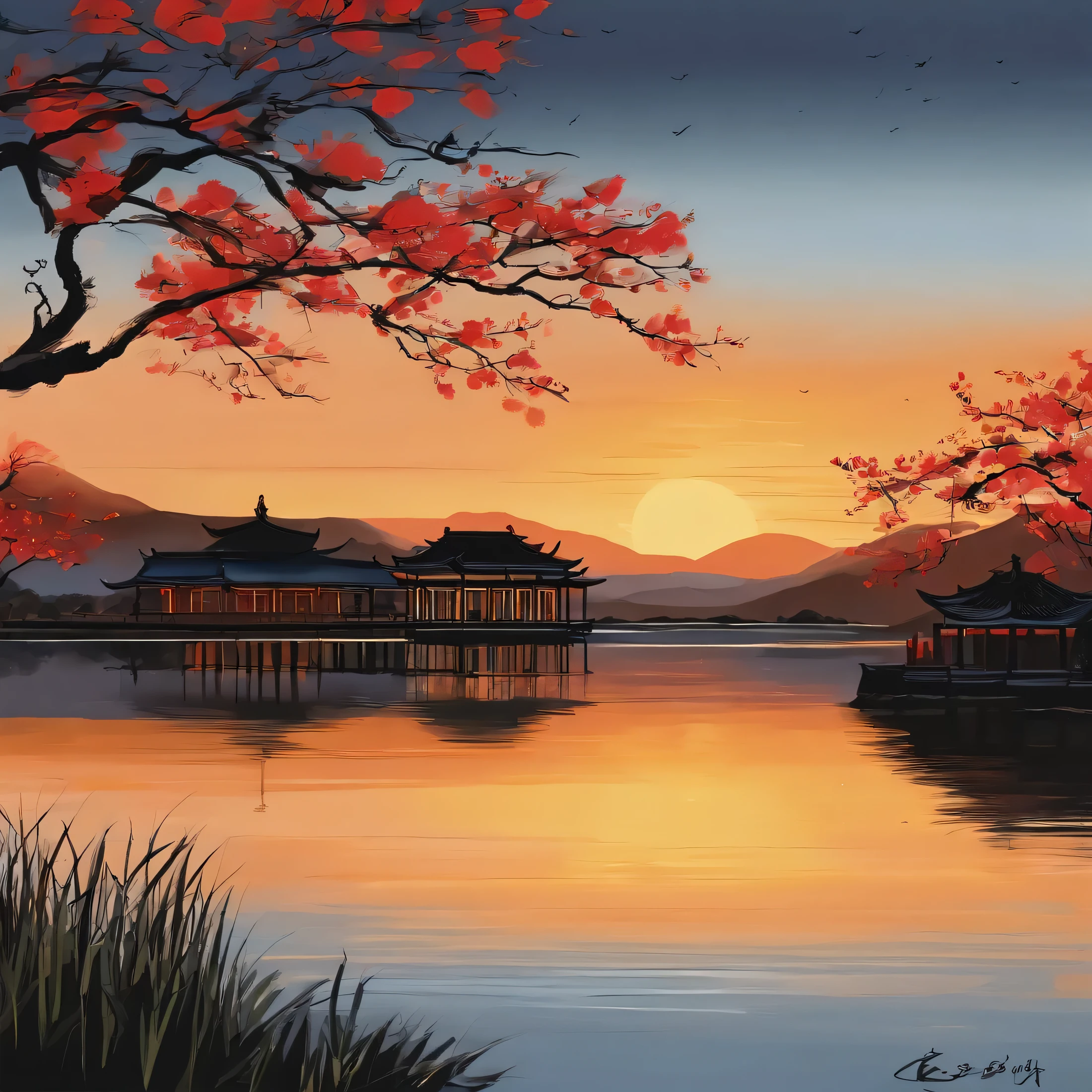 Nearby is the pavilion，lagos，Delgado，From a distance, the lake and the sky merge into one，Pintura Tradicional Chinesa，Qi Baishi，por do sol