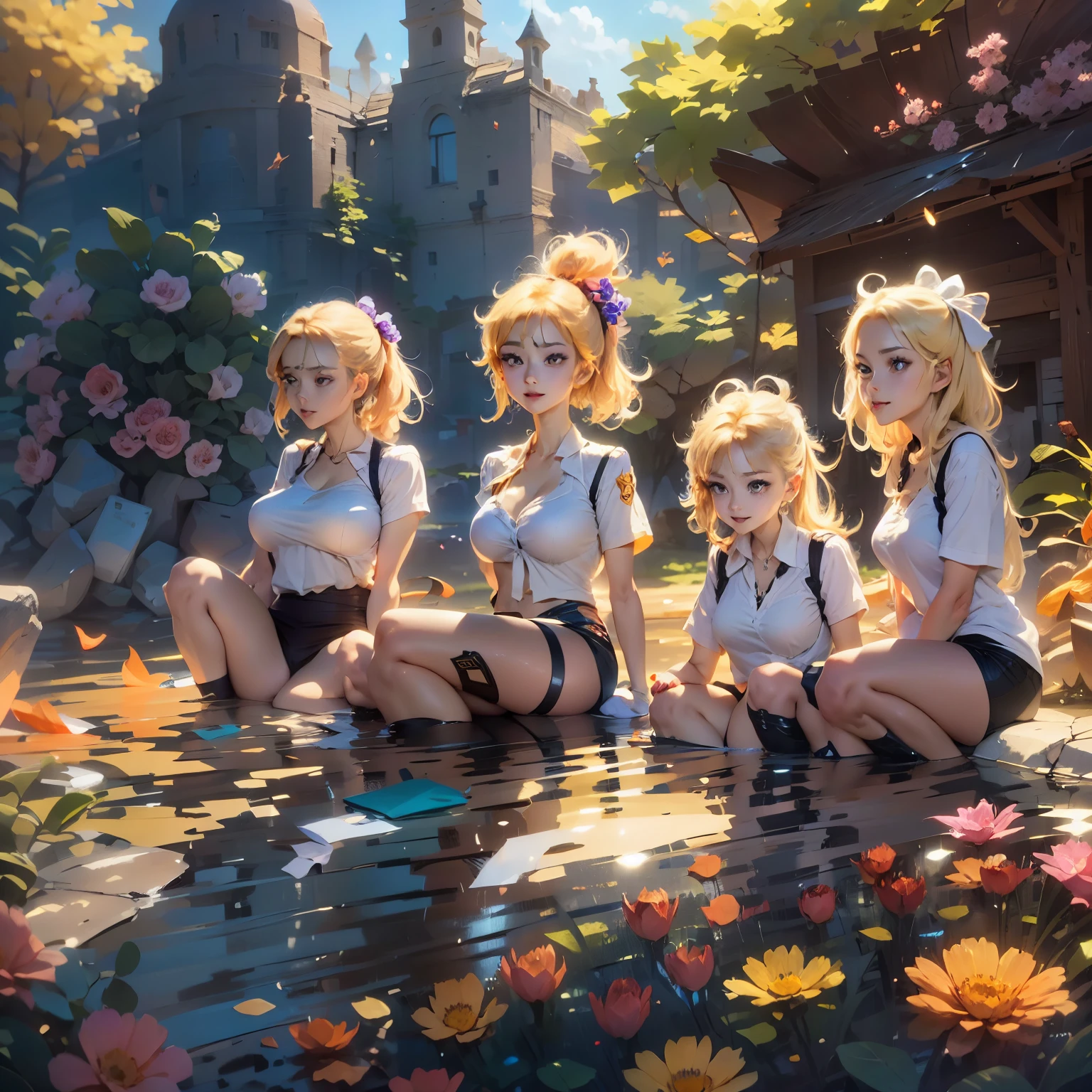 1 person, young - beautiful, white shirt, black hair, 4 blonde girls, students, sitting on the ground - sexy, cheerful, sun, half: 1.2, joy: 1.2, animation, surrealism. Fantastic landscape, academy of magic and arts. High quality, masterpiece. FUl HD. 16 K. Hand-drawn style, (Riot games), (League of Legends). Thin Line, color fill, bright-rich colors, nature, flowers, blue sky.