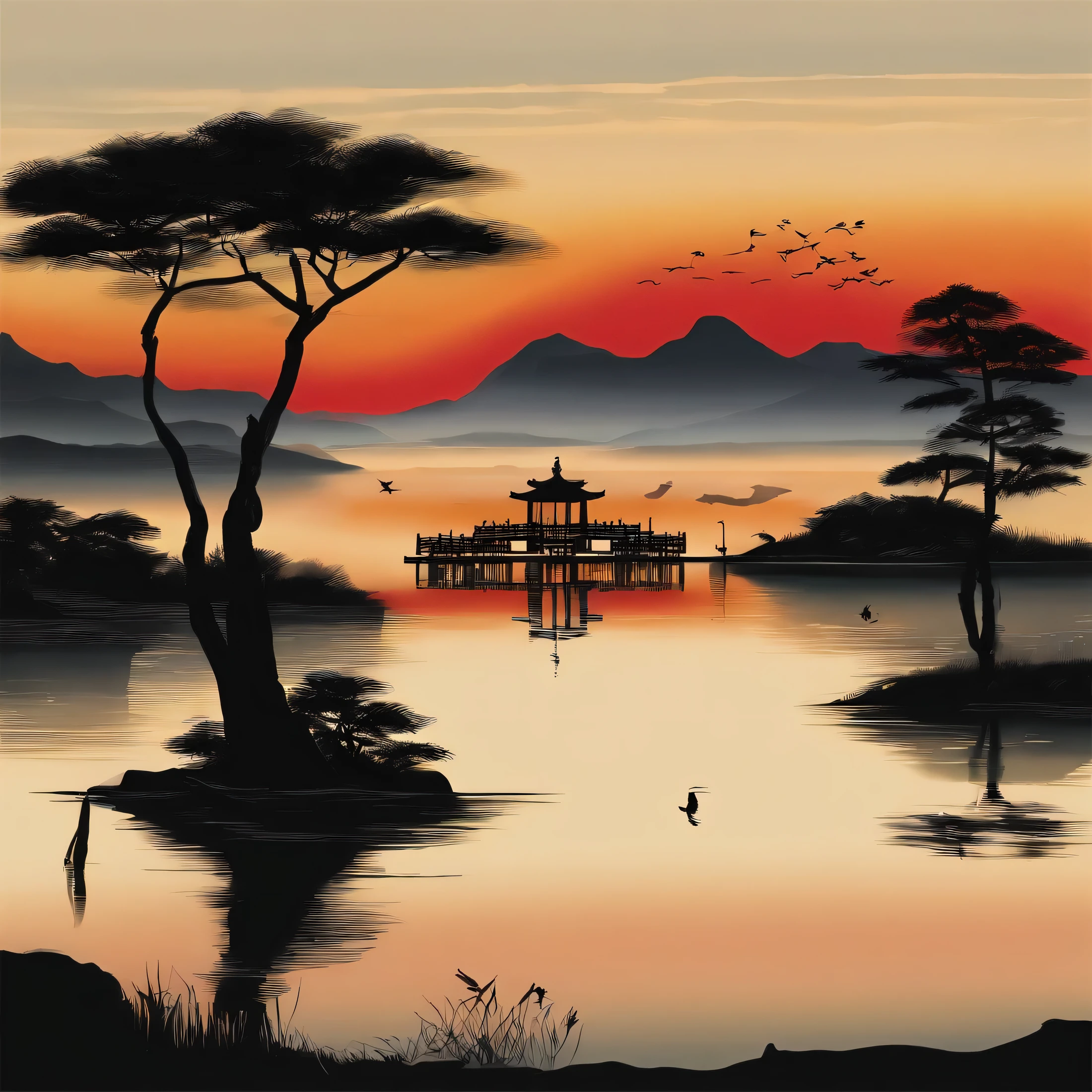 Nearby is the pavilion,lagos,Delgado,From a distance, the lake and the sky merge into one,Pintura Tradicional Chinesa,Qi Baishi,por do sol