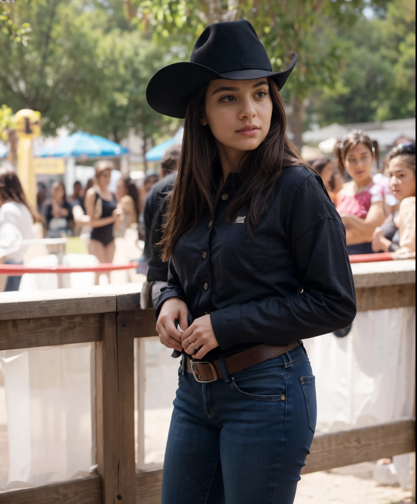 one beautiful woman, oval face, senseful lips, closed mouth, big brown eyes, 30 years old, slim sporty body, middle size breast, she is on a rancho, sunny, deep blue sky 3/4 body, slightly side view, wears jeans and rancho shirt, clothes are whole and consitant, no text, sunny weather, backgorund blurred, sefie shot, cinematic lighting, motion blur, film grain, very detailed, 30 years, natural wave hair, dark brown eyes, high-res, masterpiece, best quality, intricate details, highly detailed, sharp focus, detailed skin, realistic skin texture, texture, detailed eyes, professional, 4k, 85mm, shallow depth of field, kodak color vision, perfect fit body, extremely detailed, photo_\(ultra\), photorealistic, realistic, post-processing, maximum detail, roughness, real life, ultra realistic, photorealism, photography, 8k uhd, photography (grain of film) medium shot for closeup shot, longer slimer face, perfect face, no hands are visible, long beautiful hair, dark brown hair, perfect face, charming deep eyes, flirty eyes, long hair, round heaps, (dark brown hair):2.5, longer slimer face, hands are hidden in the pockets, no hands are visible, (((long slim fase)))