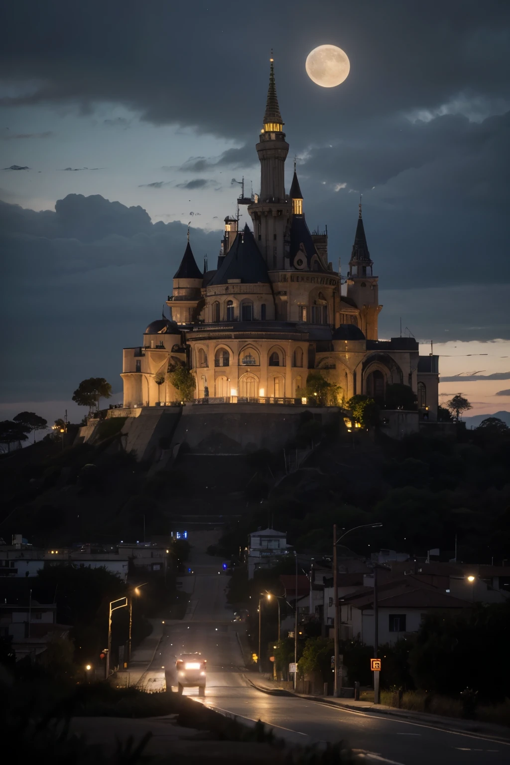 ((melhor qualidade)), ((obra de arte)), (detalhado), rosto perfeito8K, fantasia, futuro sombrio, noite, Ciberpunk, solarpunk, uma cidade iluminada por muitas luzes, in the background a huge palace eclipsing the noite sky, torres altas, atmosfera sombria, retro, Estilo de arte dos anos 90