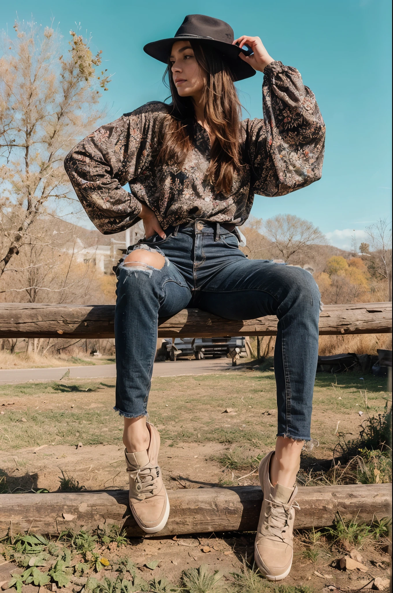 one beautiful woman, oval face, senseful lips, closed mouth, big brown eyes, 30 years old, slim sporty body, middle size breast, she is on a rancho, sunny, deep blue sky 3/4 body, slightly side view, wears jeans and rancho shirt, clothes are whole and consitant, no text, sunny weather, backgorund blurred, sefie shot, cinematic lighting, motion blur, film grain, very detailed, 30 years, natural wave hair, dark brown eyes, high-res, masterpiece, best quality, intricate details, highly detailed, sharp focus, detailed skin, realistic skin texture, texture, detailed eyes, professional, 4k, 85mm, shallow depth of field, kodak color vision, perfect fit body, extremely detailed, photo_\(ultra\), photorealistic, realistic, post-processing, maximum detail, roughness, real life, ultra realistic, photorealism, photography, 8k uhd, photography (grain of film) medium shot for closeup shot, longer slimer face, perfect face, no hands are visible, long beautiful hair, dark brown hair, perfect face, charming deep eyes, flirty eyes, long hair, round heaps, (dark brown hair):2.5, longer slimer face, hands are hidden in the pockets, no hands are visible, (((long slim fase)))